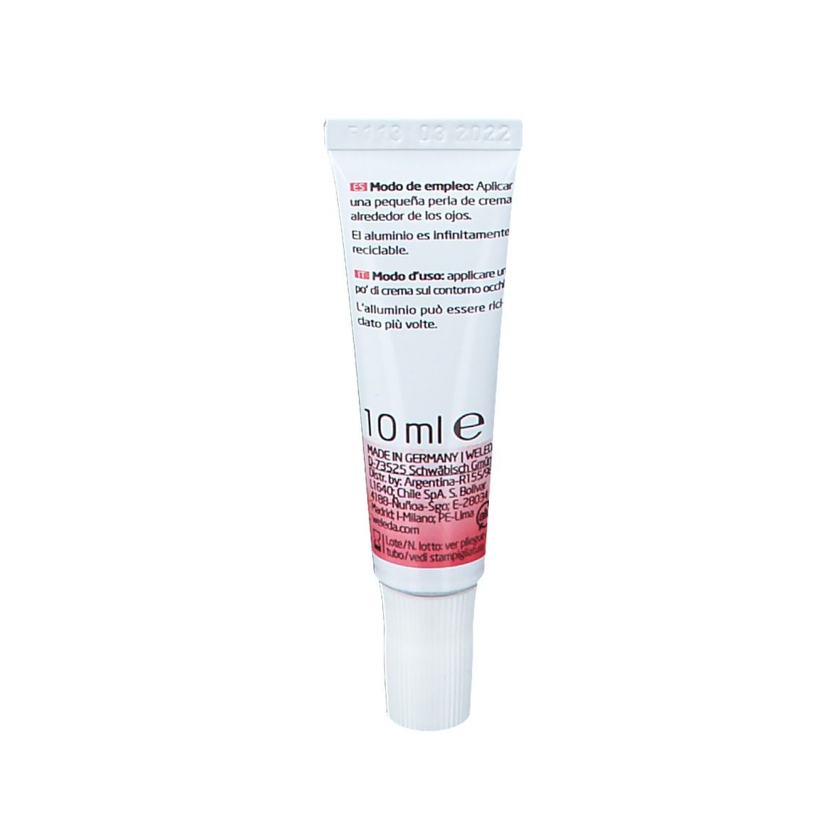 Dos du tube Weleda pour les yeux. Texte: 10ml, Made in Germany. Mode d'emploi en espagnol et italien.