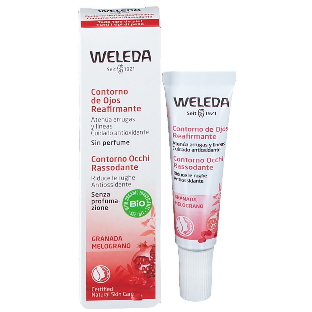 Tube et emballage Weleda pour les yeux. Texte: Contorno de Ojos Reafirmante, Contorno Occhi Rassodante. Label Bio. Motif grenade.