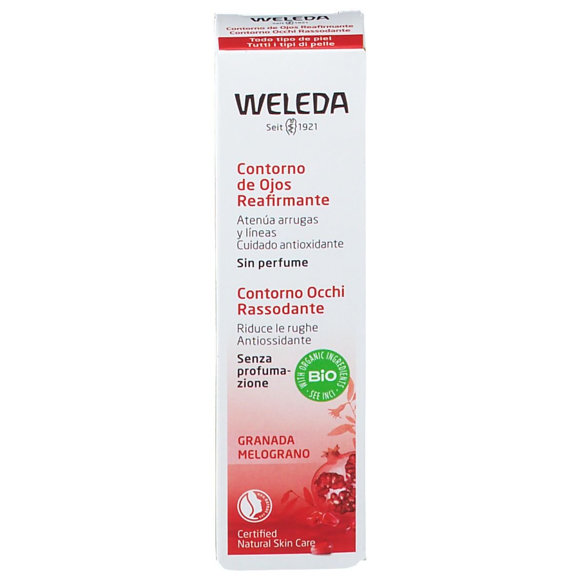 Emballage Weleda pour les yeux. Texte: Contorno de Ojos Reafirmante, Contorno Occhi Rassodante. Label Bio. Motif grenade.
