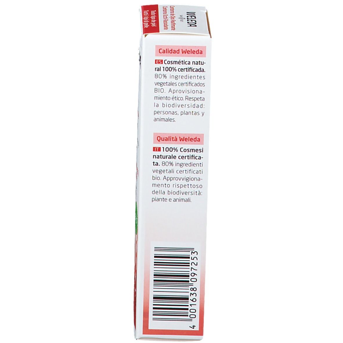 Emballage Weleda pour les yeux. Texte: Ingrédients, 10ml, Made in Germany. Certification UEBT.