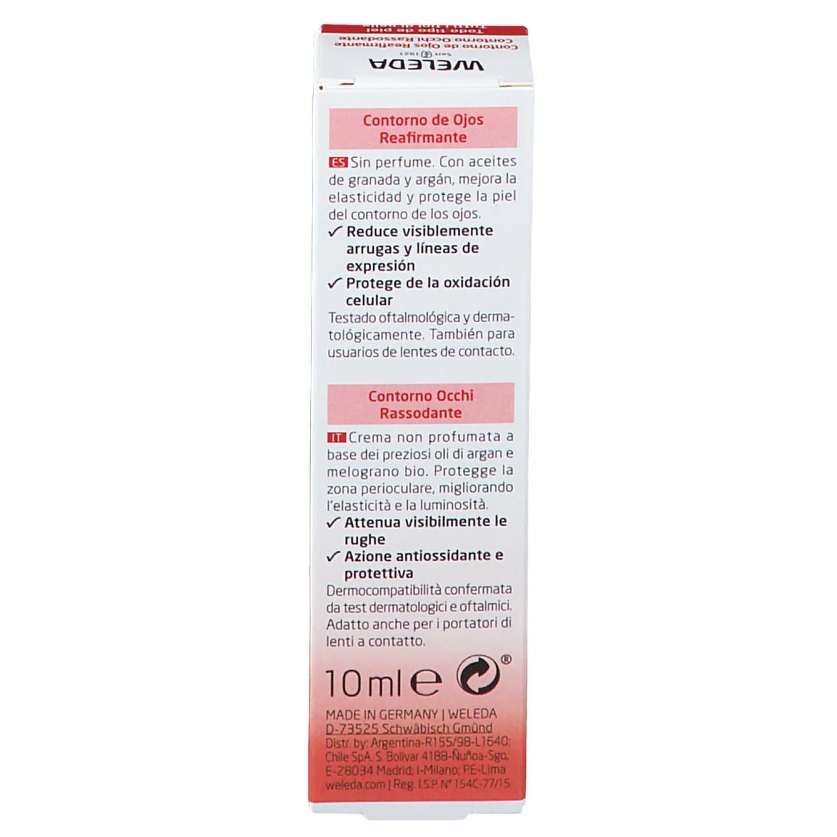 Emballage Weleda pour les yeux. Texte: Ingrédients (INCI). Certification UEBT.