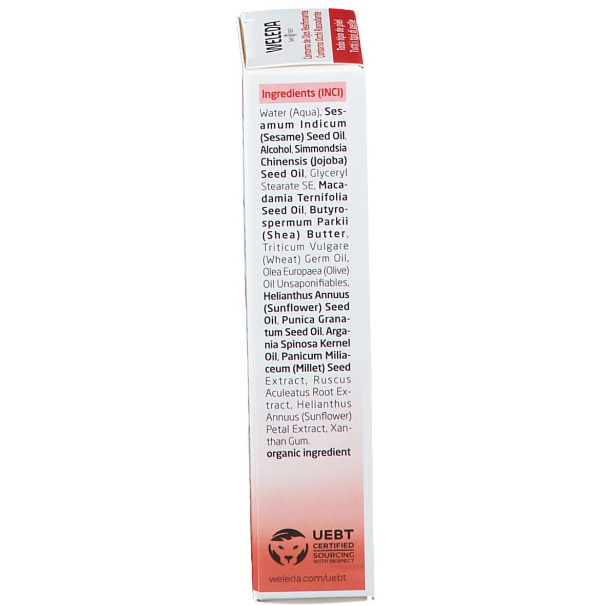 Emballage Weleda pour les yeux. Texte: Ingrédients (INCI). Certification UEBT.