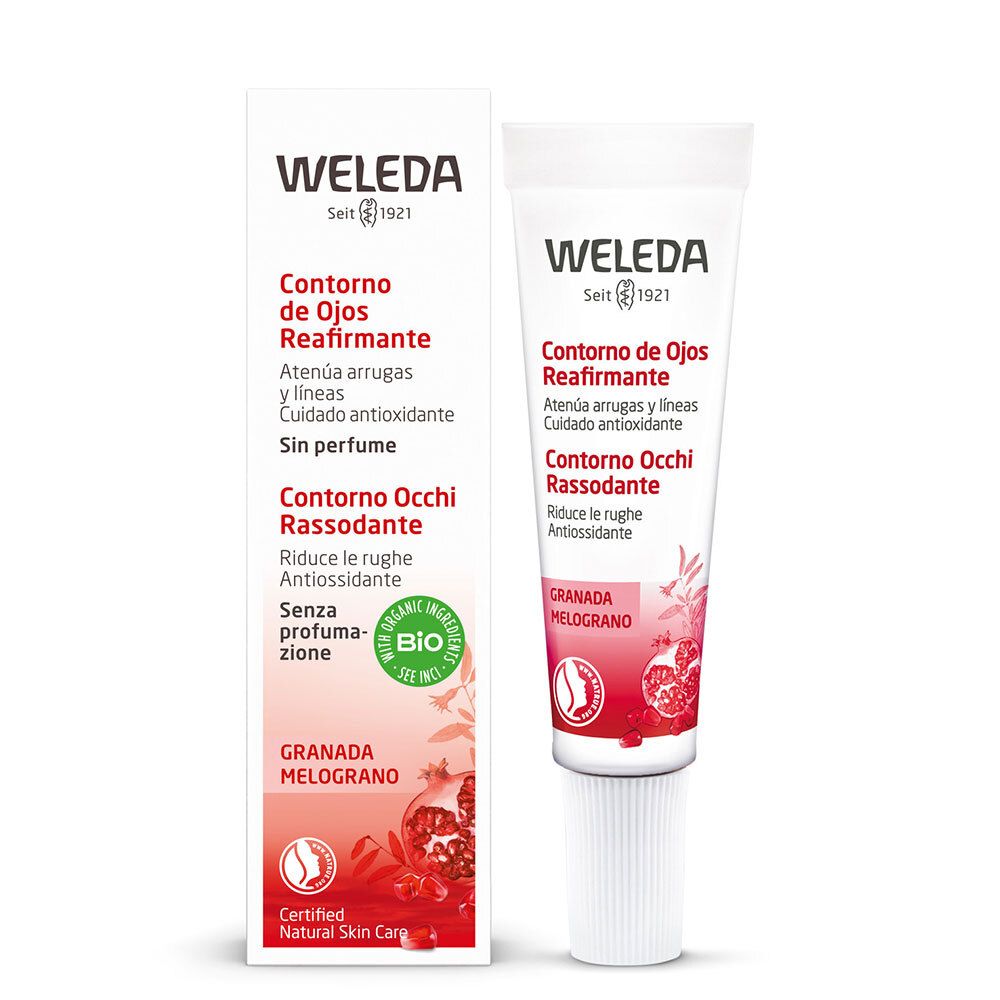 Tube et emballage Weleda pour les yeux. Texte: Contorno de Ojos Reafirmante, Contorno Occhi Rassodante. Label Bio. Motif grenade.