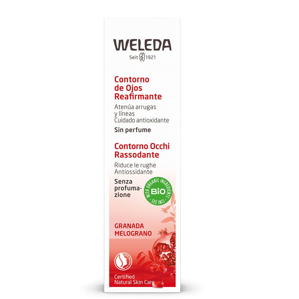 Emballage Weleda pour les yeux. Texte: Contorno de Ojos Reafirmante, Contorno Occhi Rassodante. Label Bio. Motif grenade.