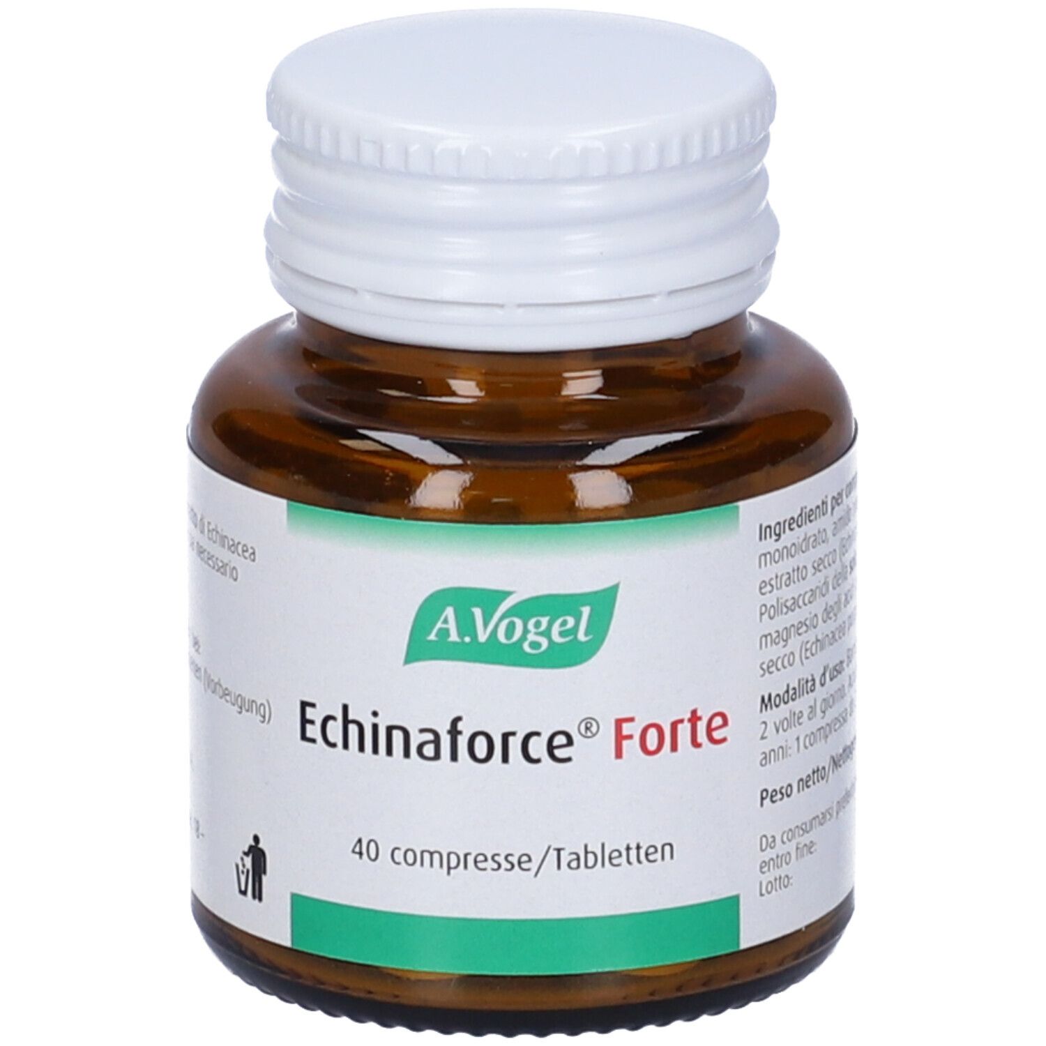 Flacone di vetro marrone con tappo bianco. Etichetta con A. Vogel, Echinaforce Forte e 40 compresse. Sfondo verde e bianco.