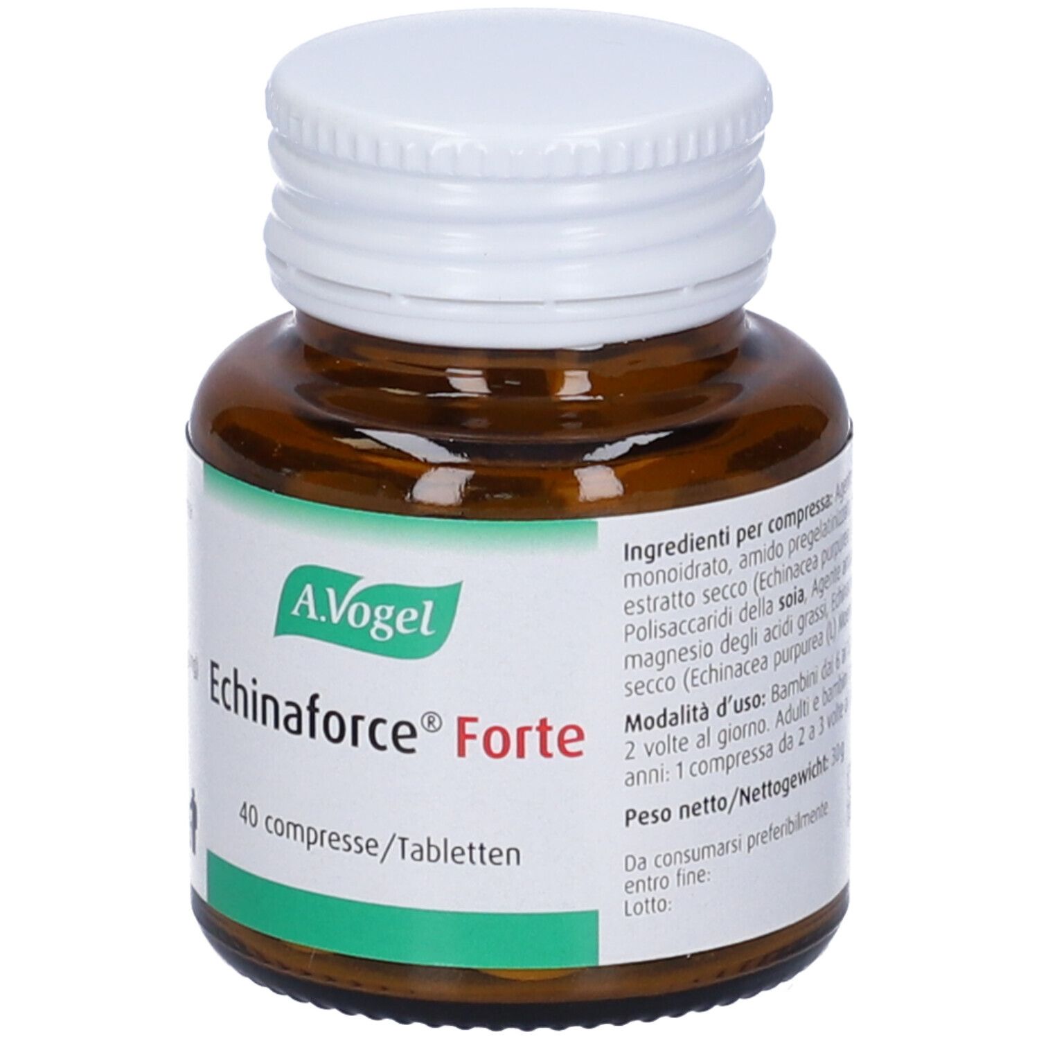 Flacone di vetro marrone con tappo bianco. Etichetta con A. Vogel, Echinaforce Forte e 40 compresse. Sfondo verde e bianco.