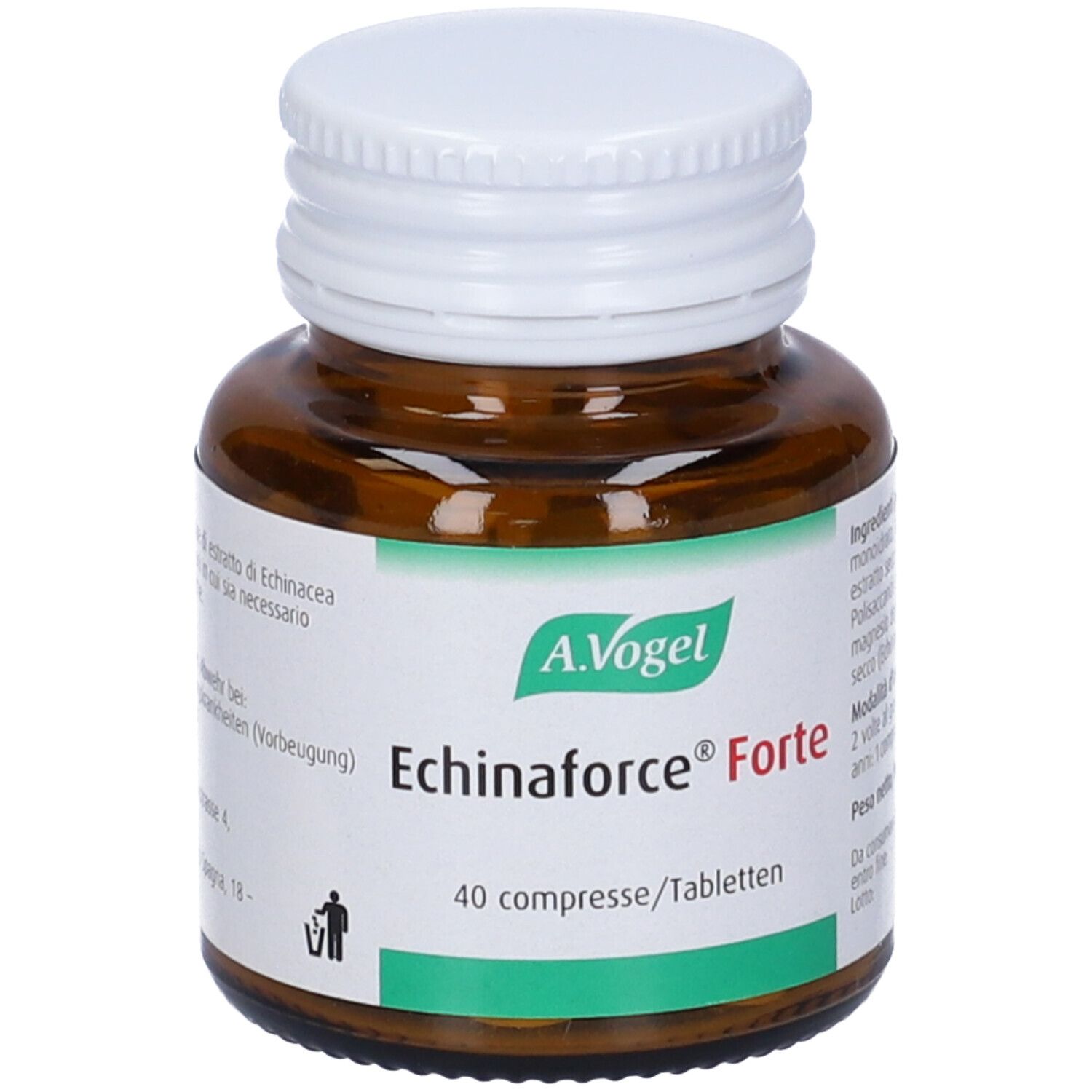 Flacone di vetro marrone con tappo bianco. Etichetta con A. Vogel, Echinaforce Forte e 40 compresse. Sfondo verde e bianco.