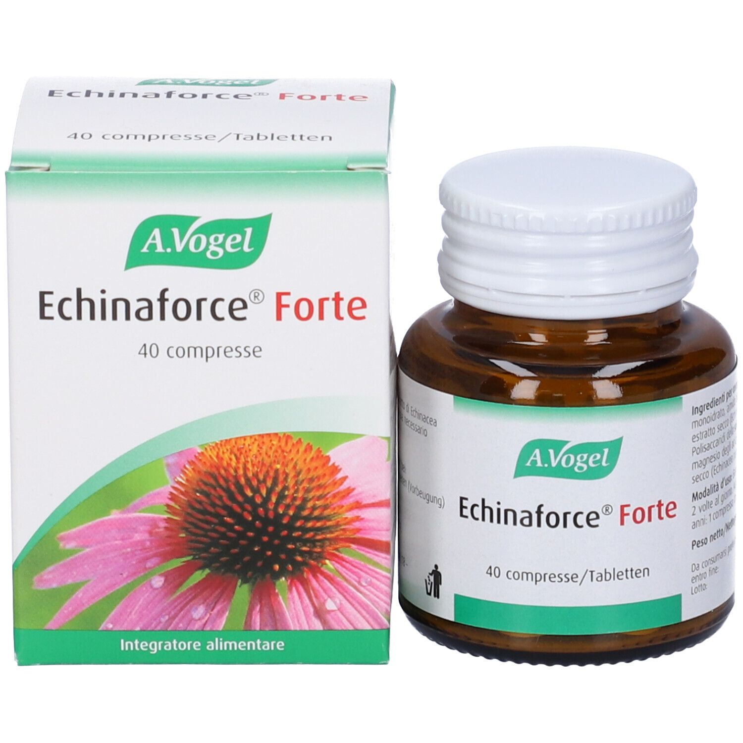 Flacone di vetro marrone e scatola. Sulla scatola: A. Vogel, Echinaforce Forte, 40 compresse. Immagine di un fiore.