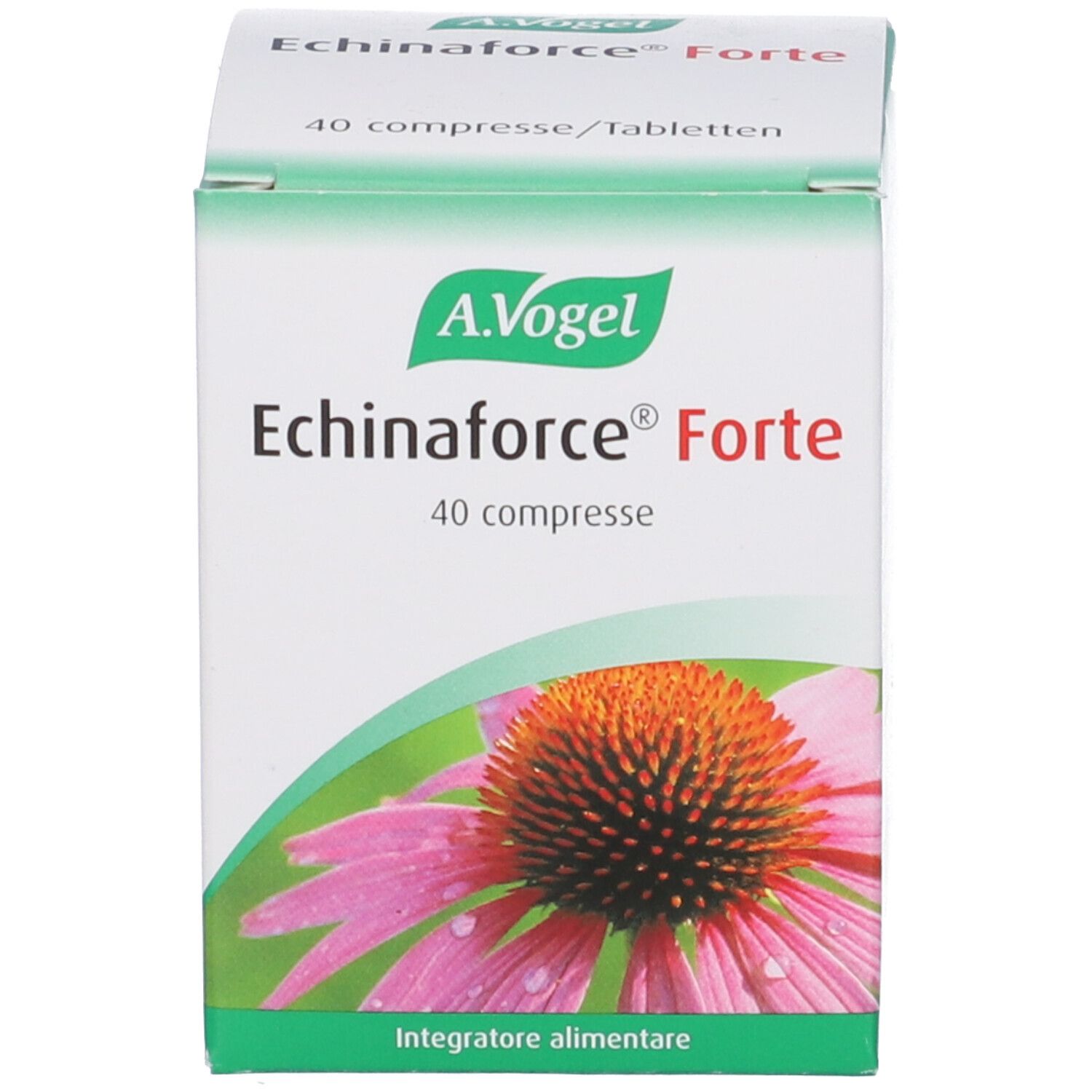 Scatola bianca con A. Vogel, Echinaforce Forte, 40 compresse. Immagine di un fiore. Sfondo verde e bianco.