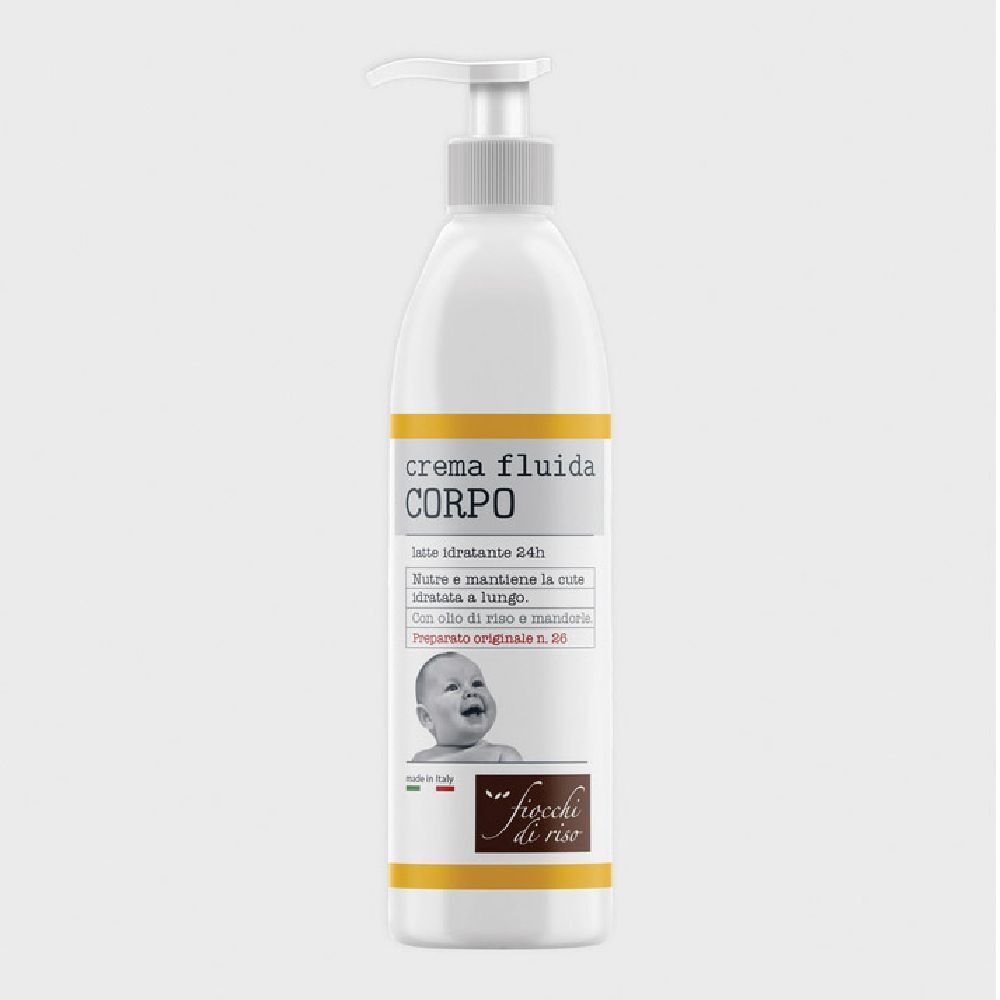 Flacone bianco con strisce gialle e pompetta. Testo: Crema fluida Corpo, Fiocchi di Riso. Immagine di bambino.