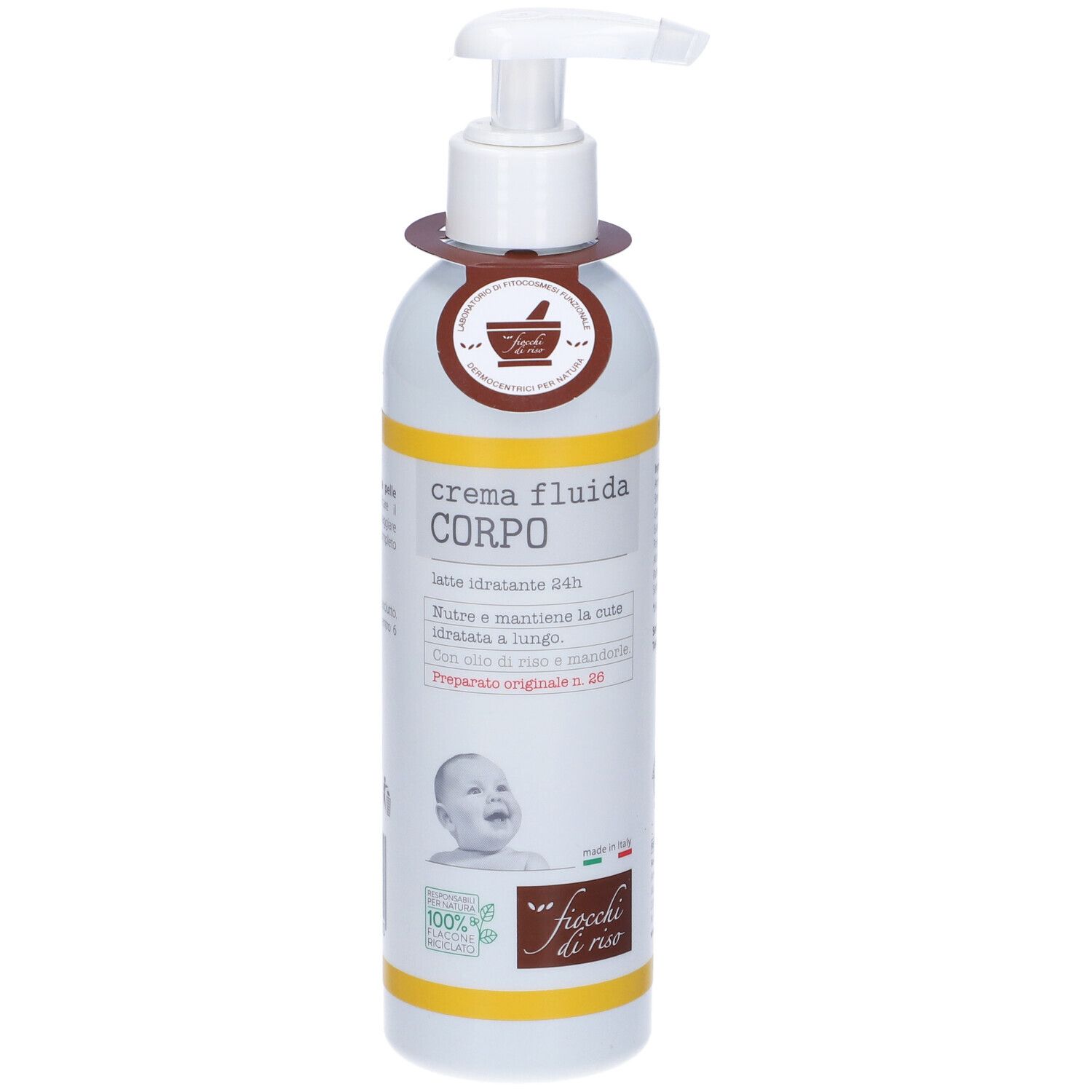 Flacone bianco con strisce gialle, pompetta ed etichetta. Testo: Crema fluida Corpo, Fiocchi di Riso. Bambino.