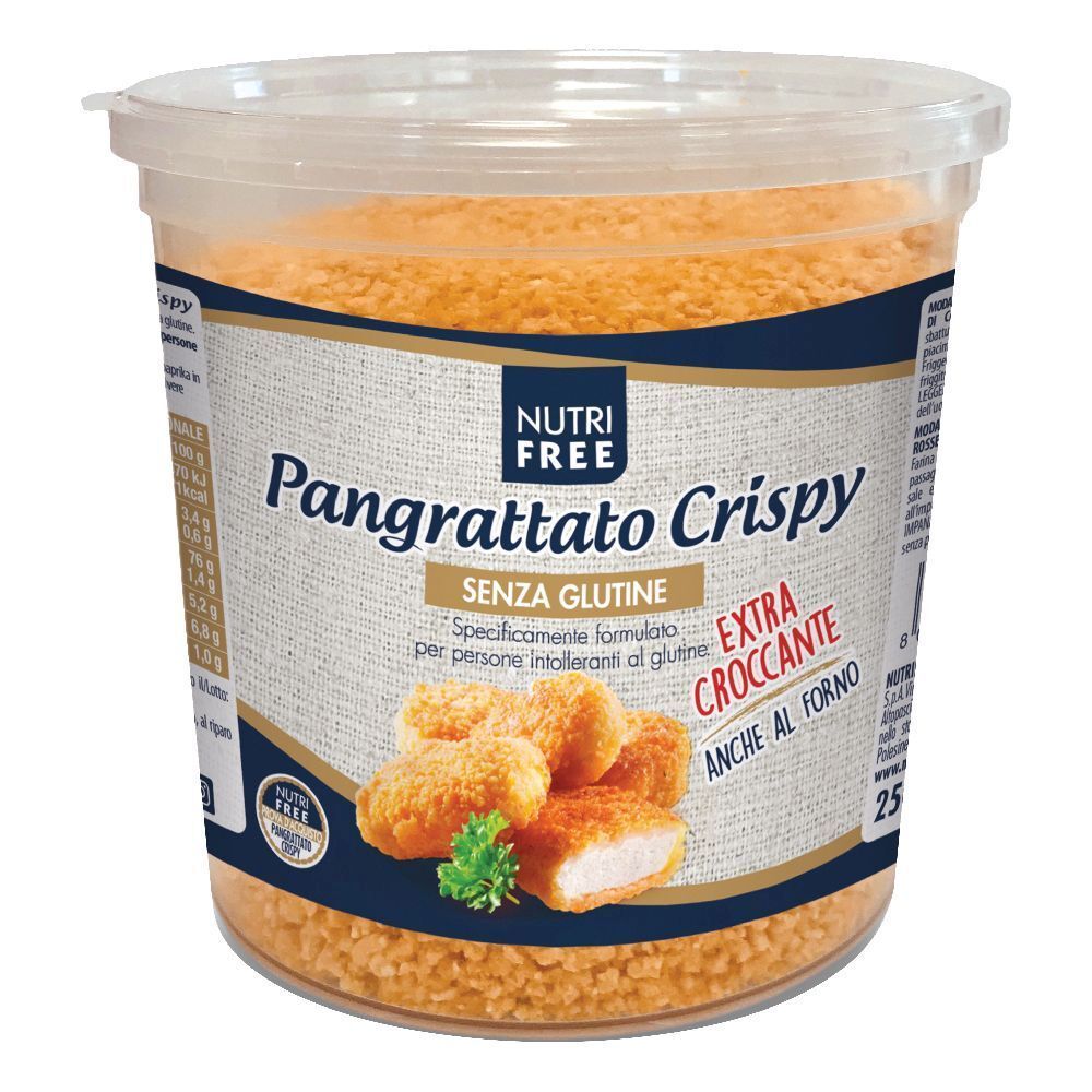 Contenitore di Pangrattato Crispy. Scritta: Nutri Free, Senza Glutine, Extra Croccante. Immagine di alimenti impanati.
