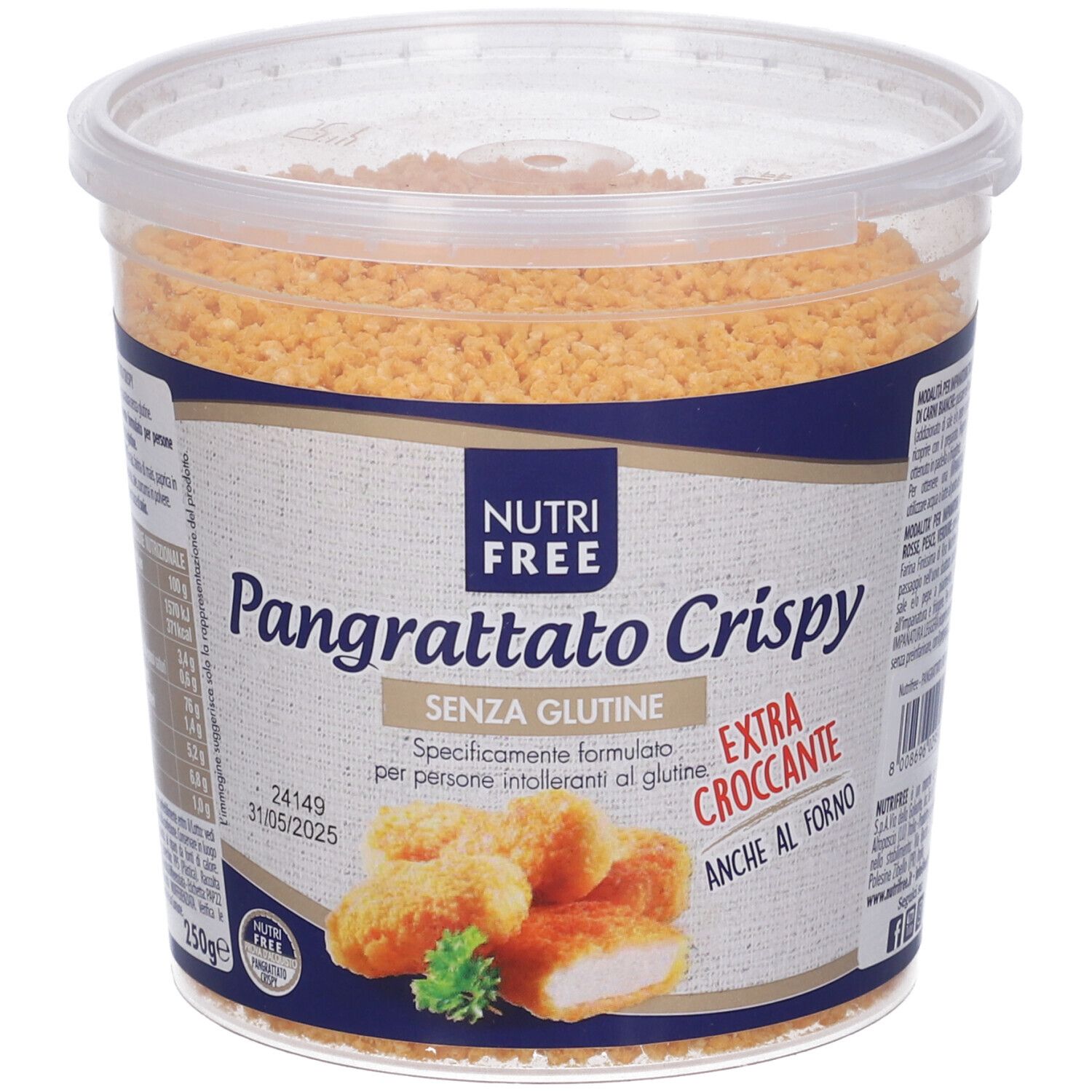 Contenitore di Pangrattato Crispy. Scritta: Nutri Free, Senza Glutine, Extra Croccante. Data di scadenza.