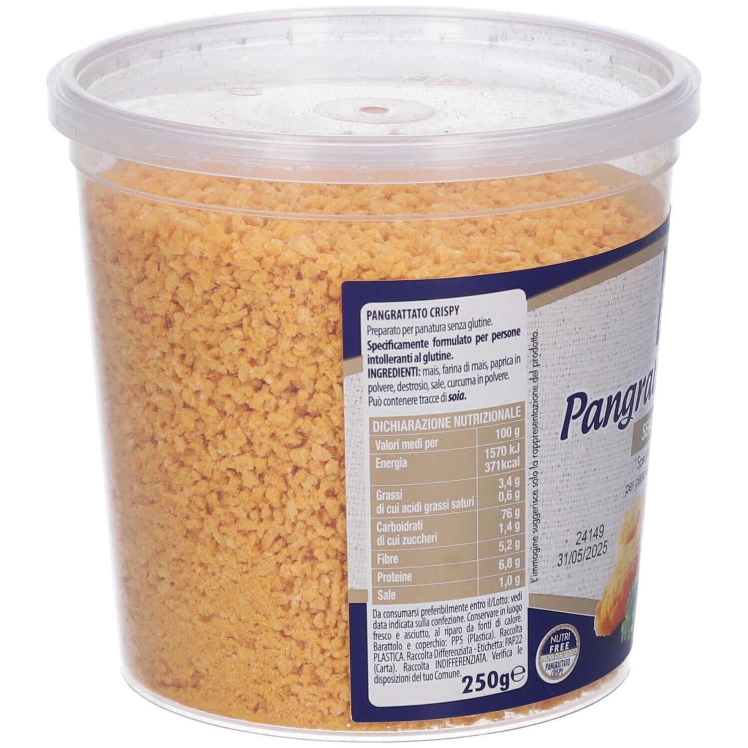 Contenitore di Pangrattato Crispy. Retro con elenco ingredienti e valori nutrizionali. Logo senza glutine.