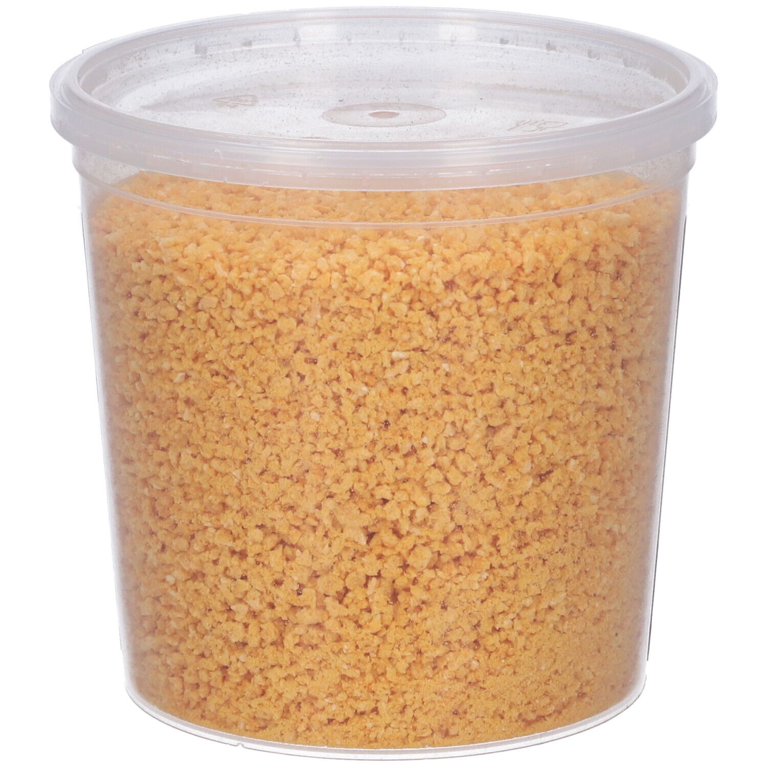 Contenitore di Pangrattato Crispy. Contenitore trasparente con contenuto giallo. Coperchio.