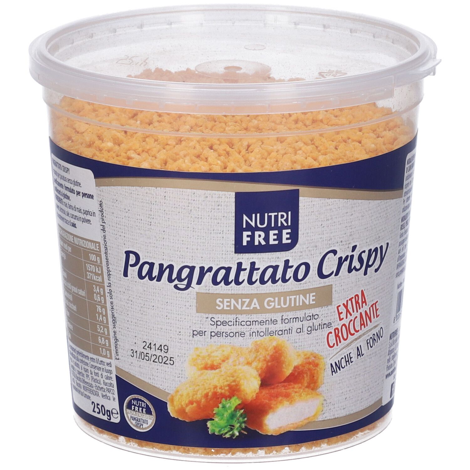 Contenitore di Pangrattato Crispy. Scritta: Nutri Free, Senza Glutine, Extra Croccante. Data di scadenza.