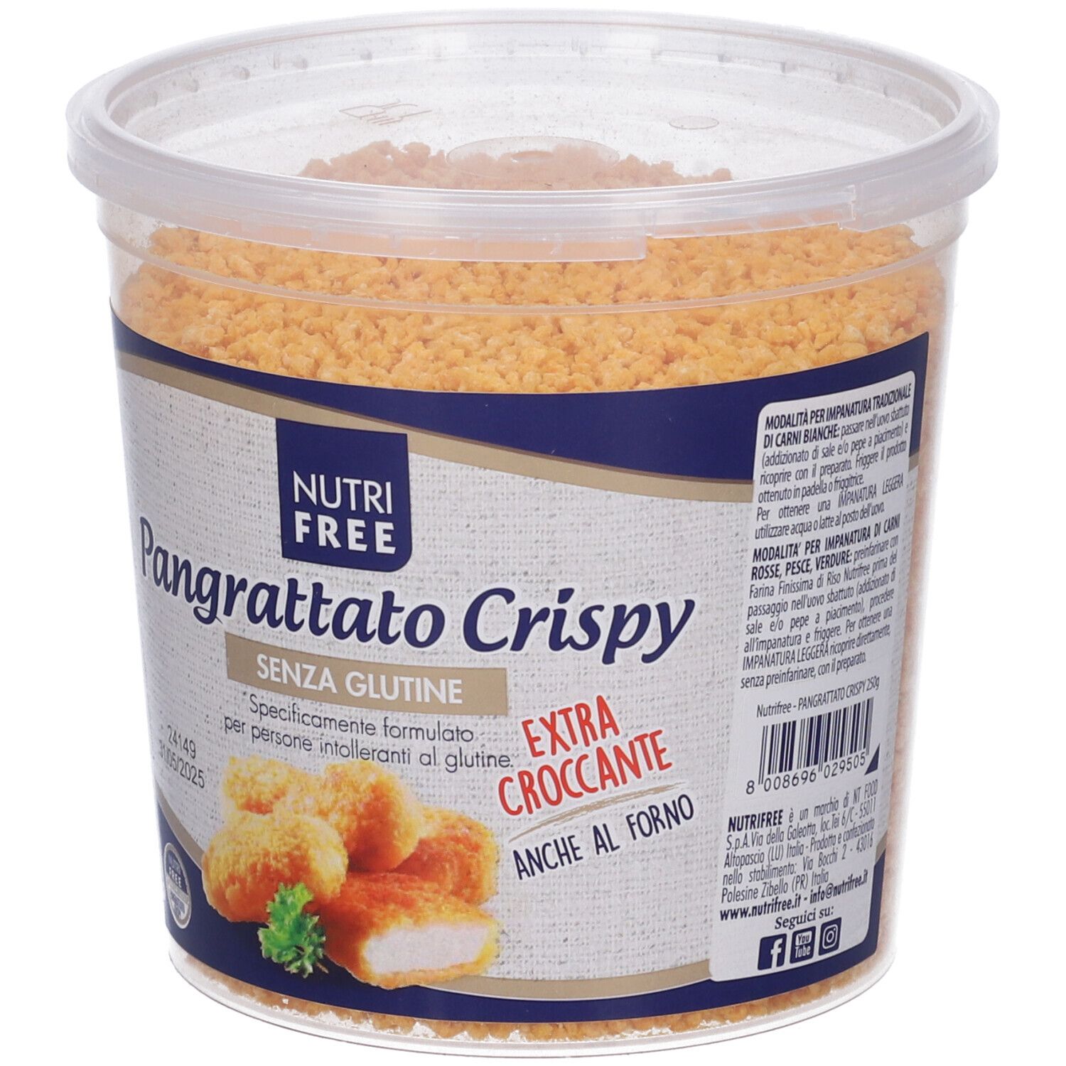 Contenitore di Pangrattato Crispy. Scritta: Nutri Free, Senza Glutine, Extra Croccante. Retro con informazioni.