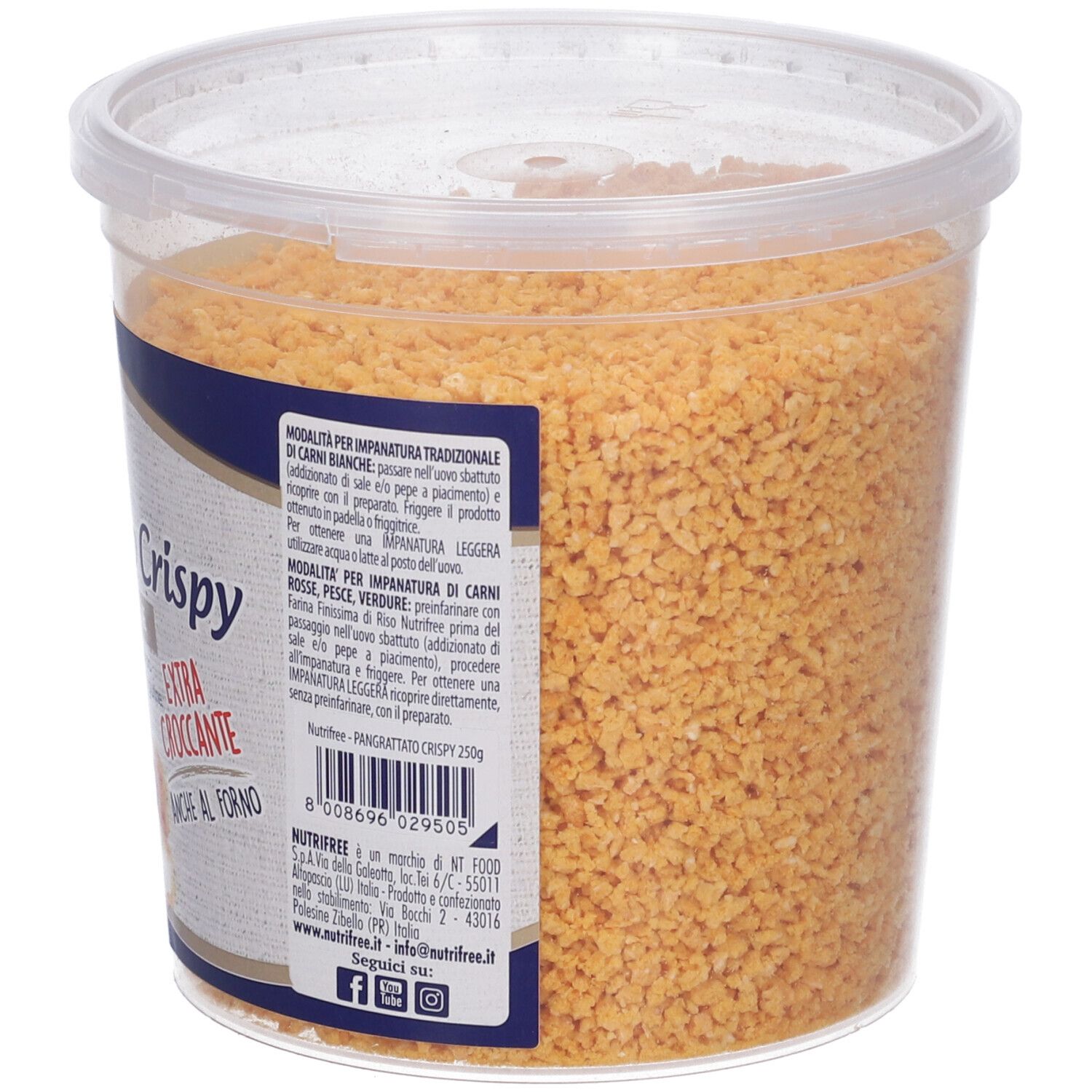 Contenitore di Pangrattato Crispy. Retro con informazioni. Codice a barre e contatti.