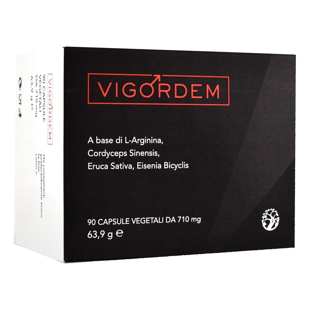 Scatola nera con logo rosso "Vigordem". Contiene 90 capsule. Ingredienti: L-Arginina, Cordyceps Sinensis, Eruca Sativa, Eisenia Bicyclis.