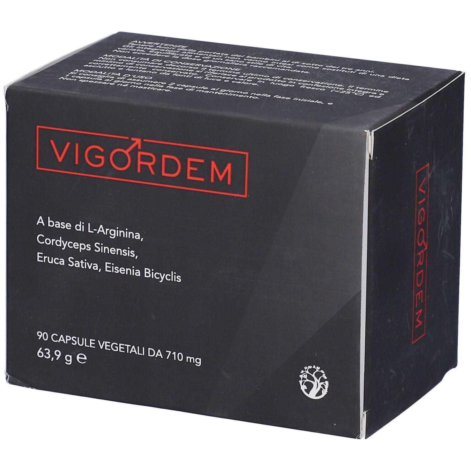 Scatola nera con logo rosso "Vigordem". Contiene 90 capsule. Ingredienti: L-Arginina, Cordyceps Sinensis, Eruca Sativa, Eisenia Bicyclis.