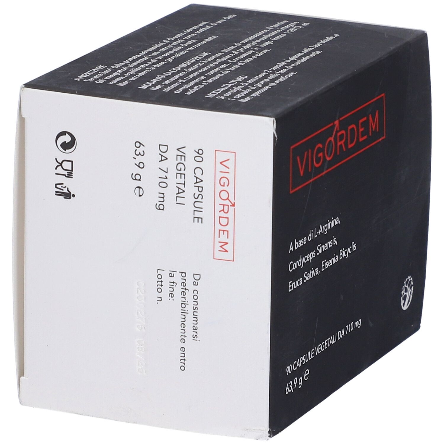 Scatola nera e bianca con logo "Vigordem". Contiene 90 capsule. Ingredienti: L-Arginina, Cordyceps Sinensis, Eruca Sativa, Eisenia Bicyclis.