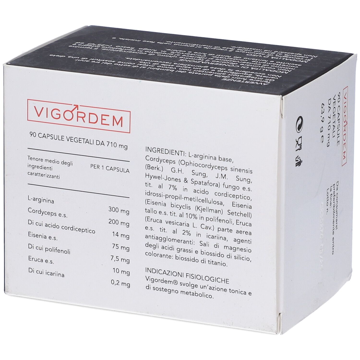 Scatola bianca con logo "Vigordem". Contiene 90 capsule. Ingredienti: L-Arginina, Cordyceps Sinensis, Eruca Sativa, Eisenia Bicyclis. Ingredienti.