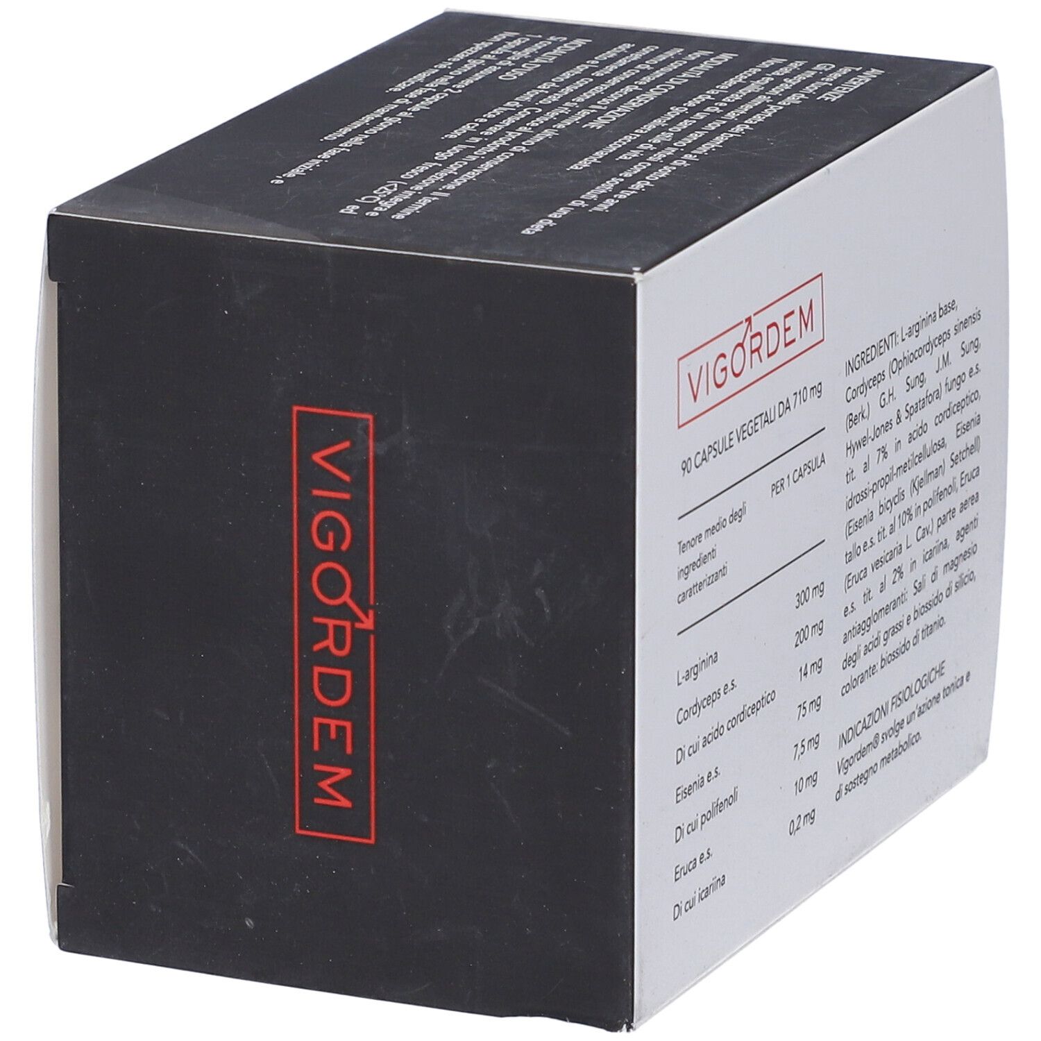Scatola nera con logo "Vigordem". Contiene 90 capsule. Ingredienti: L-Arginina, Cordyceps Sinensis, Eruca Sativa, Eisenia Bicyclis. Ingredienti.
