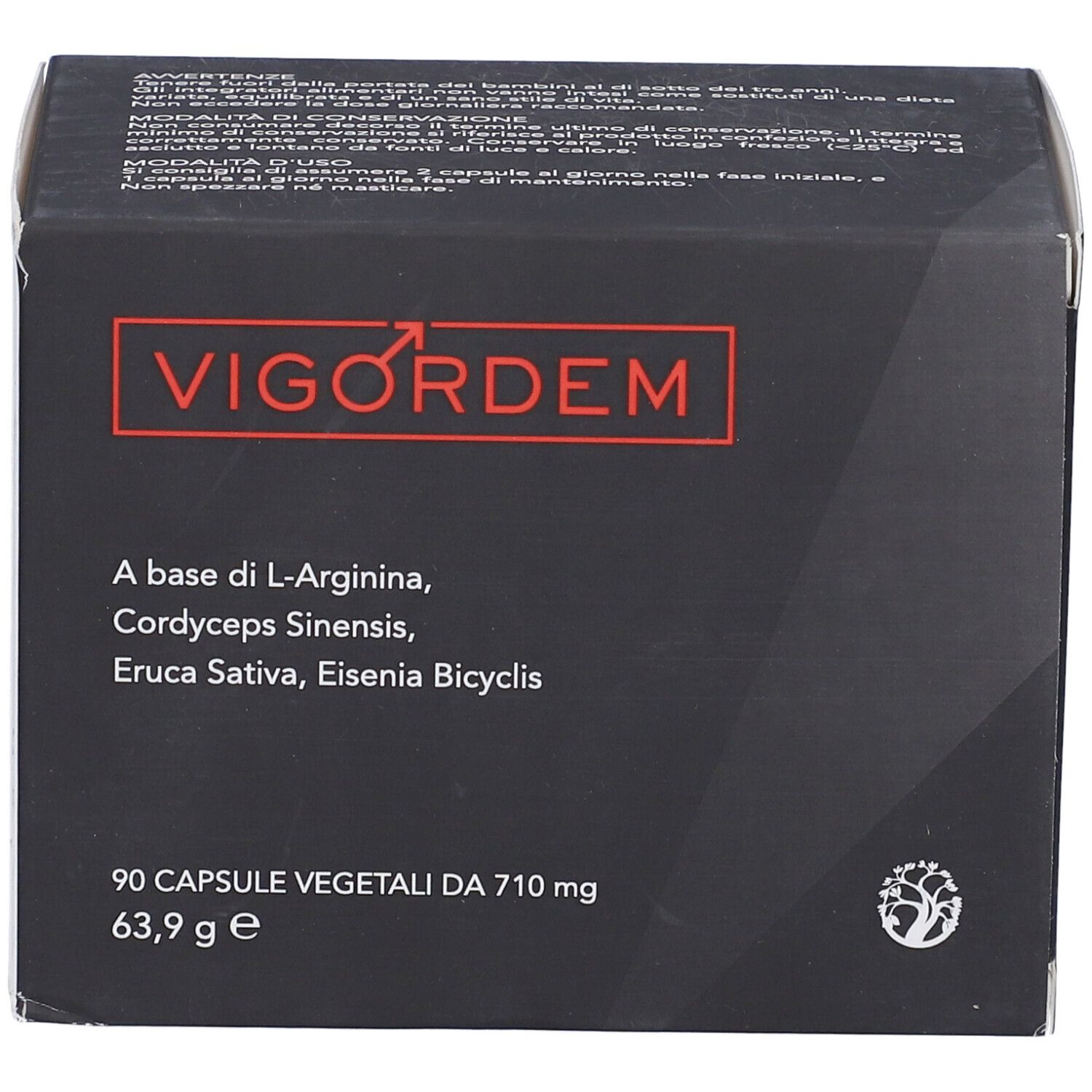 Scatola nera con logo rosso "Vigordem". Contiene 90 capsule. Ingredienti: L-Arginina, Cordyceps Sinensis, Eruca Sativa, Eisenia Bicyclis.