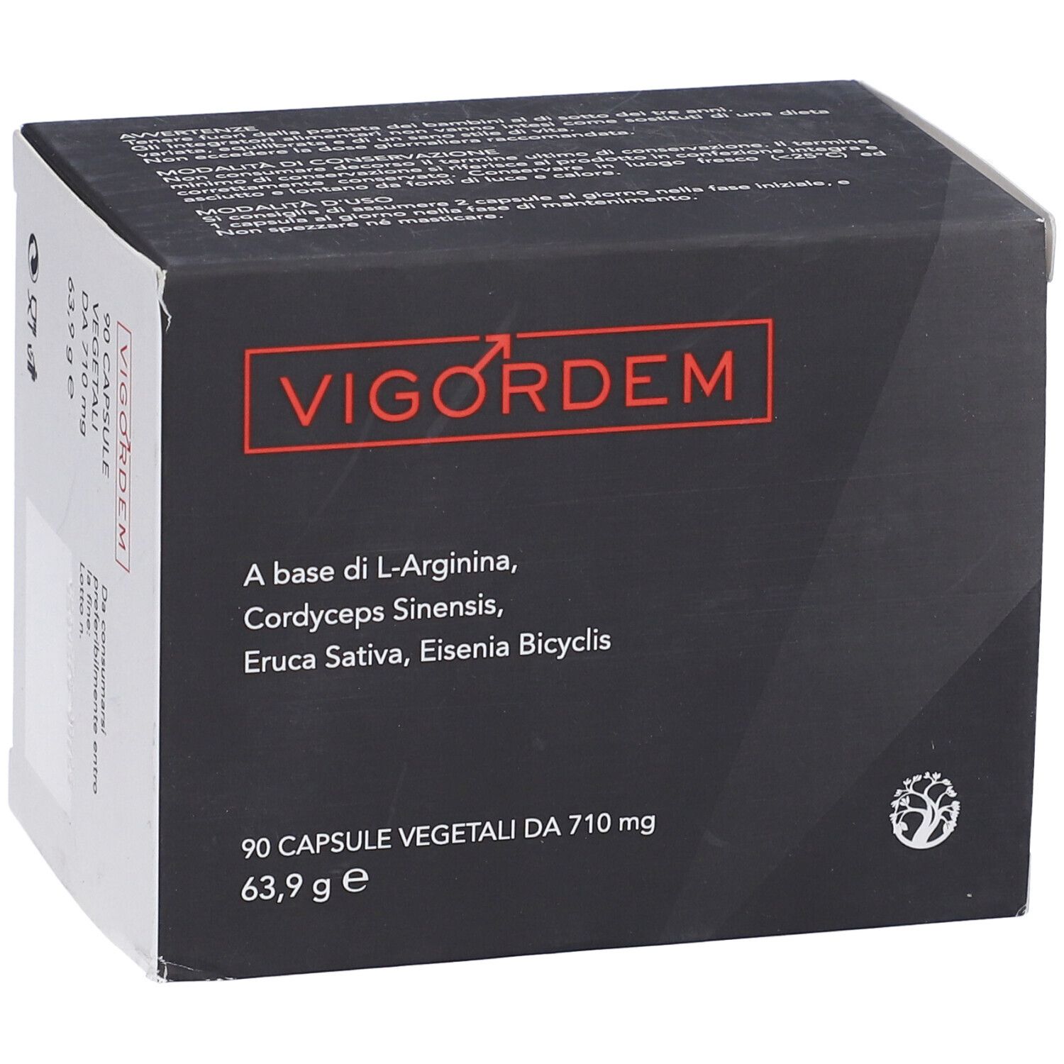Scatola nera con logo rosso "Vigordem". Contiene 90 capsule. Ingredienti: L-Arginina, Cordyceps Sinensis, Eruca Sativa, Eisenia Bicyclis.