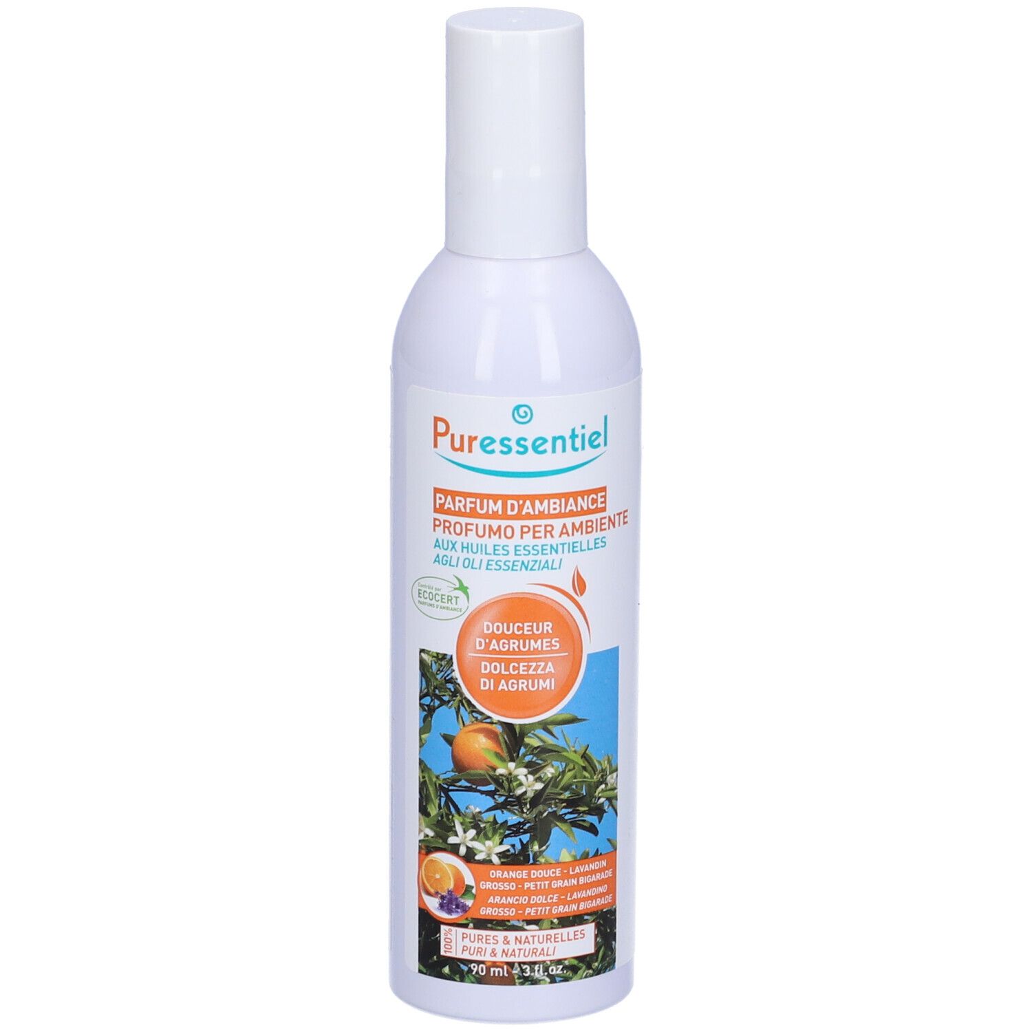 Spray bianco Puressentiel. Scritta: Parfum d'ambiance, Dolcezza di Agrumi. Illustrazione di arance e fiori.
