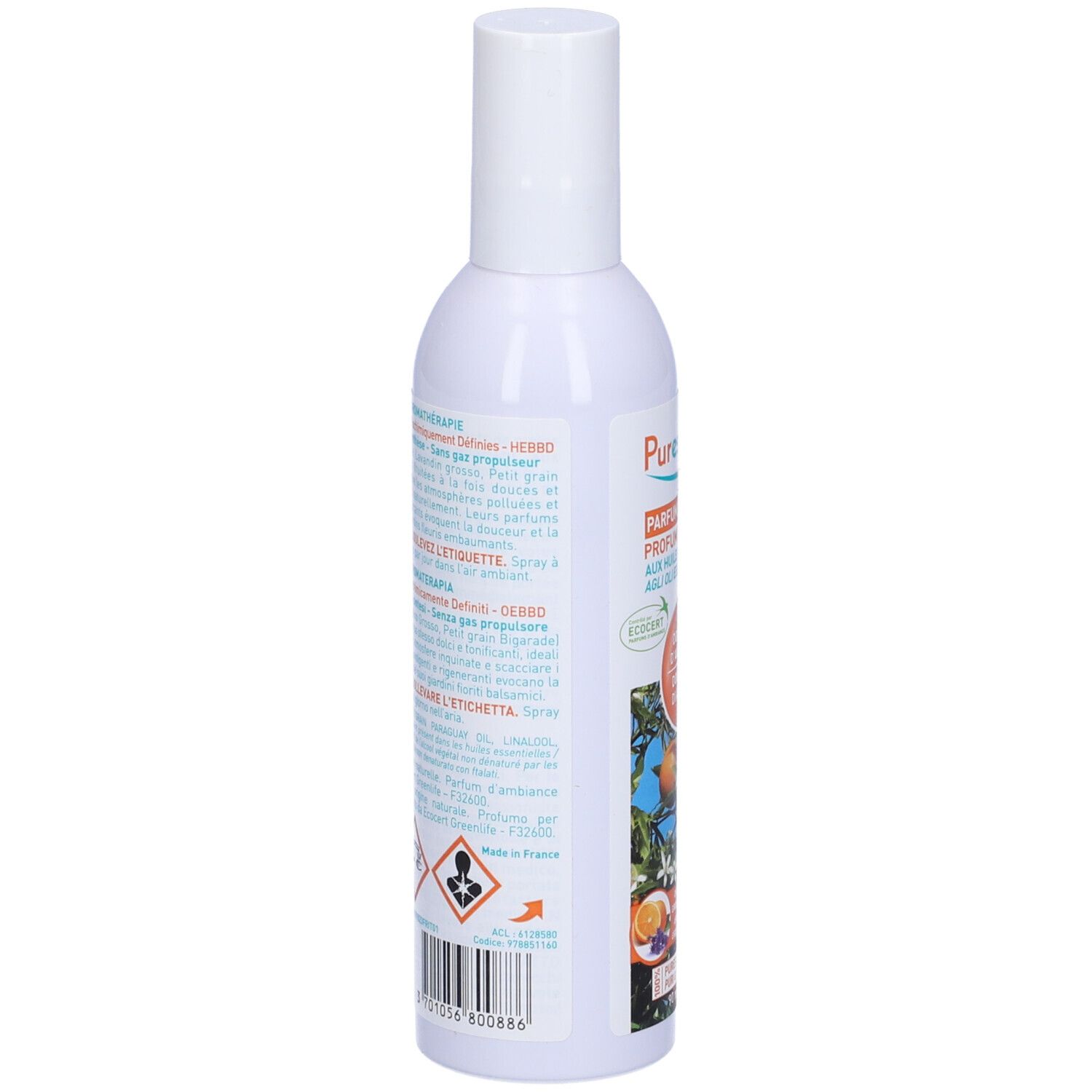 Spray bianco Puressentiel. Retro con testo e pittogrammi. Scritta: Parfum d'ambiance.