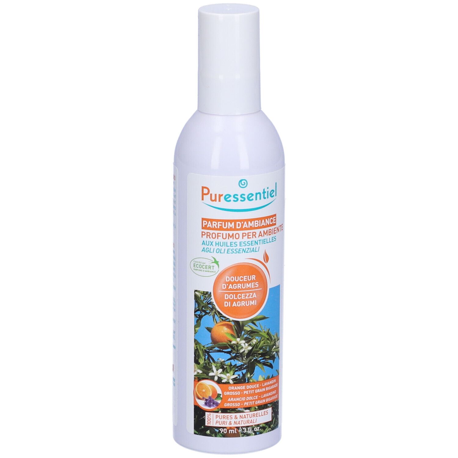 Spray bianco Puressentiel. Scritta: Parfum d'ambiance, Dolcezza di Agrumi. Illustrazione di arance e fiori.