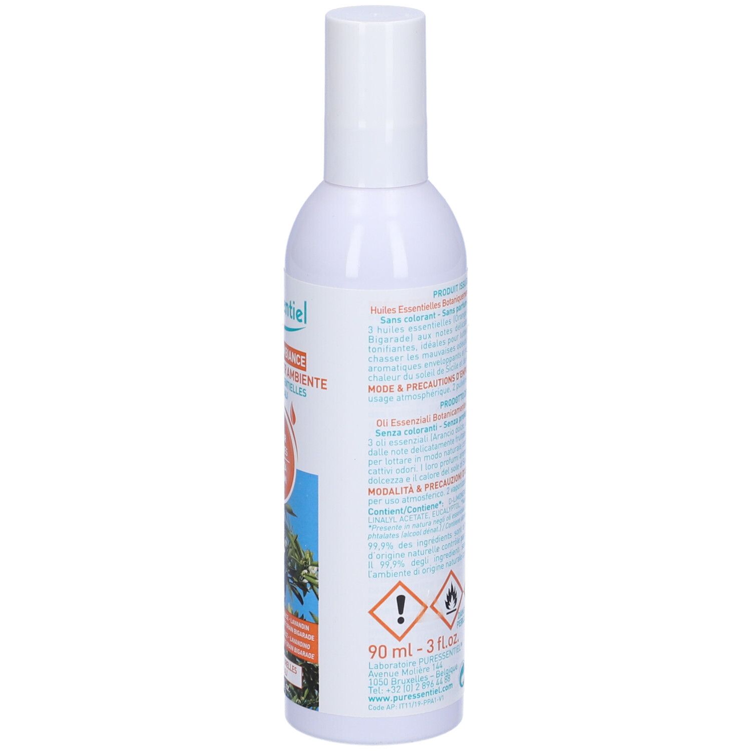 Spray bianco Puressentiel. Retro con testo e pittogrammi. Scritta: Parfum d'ambiance.