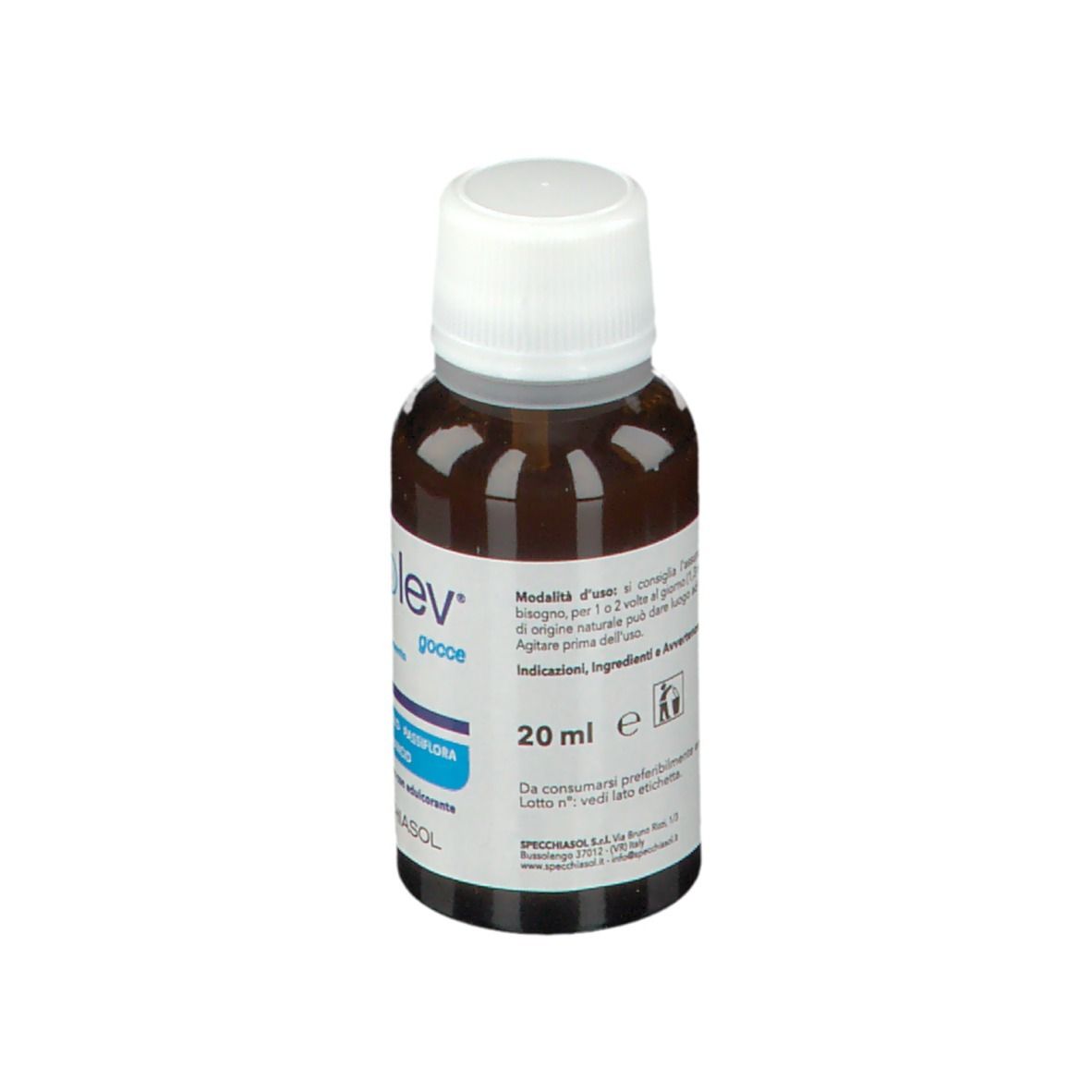 Flacone di vetro marrone con tappo bianco. Etichetta con informazioni sul prodotto. 20 ml. Logo SPECCHIASOL.