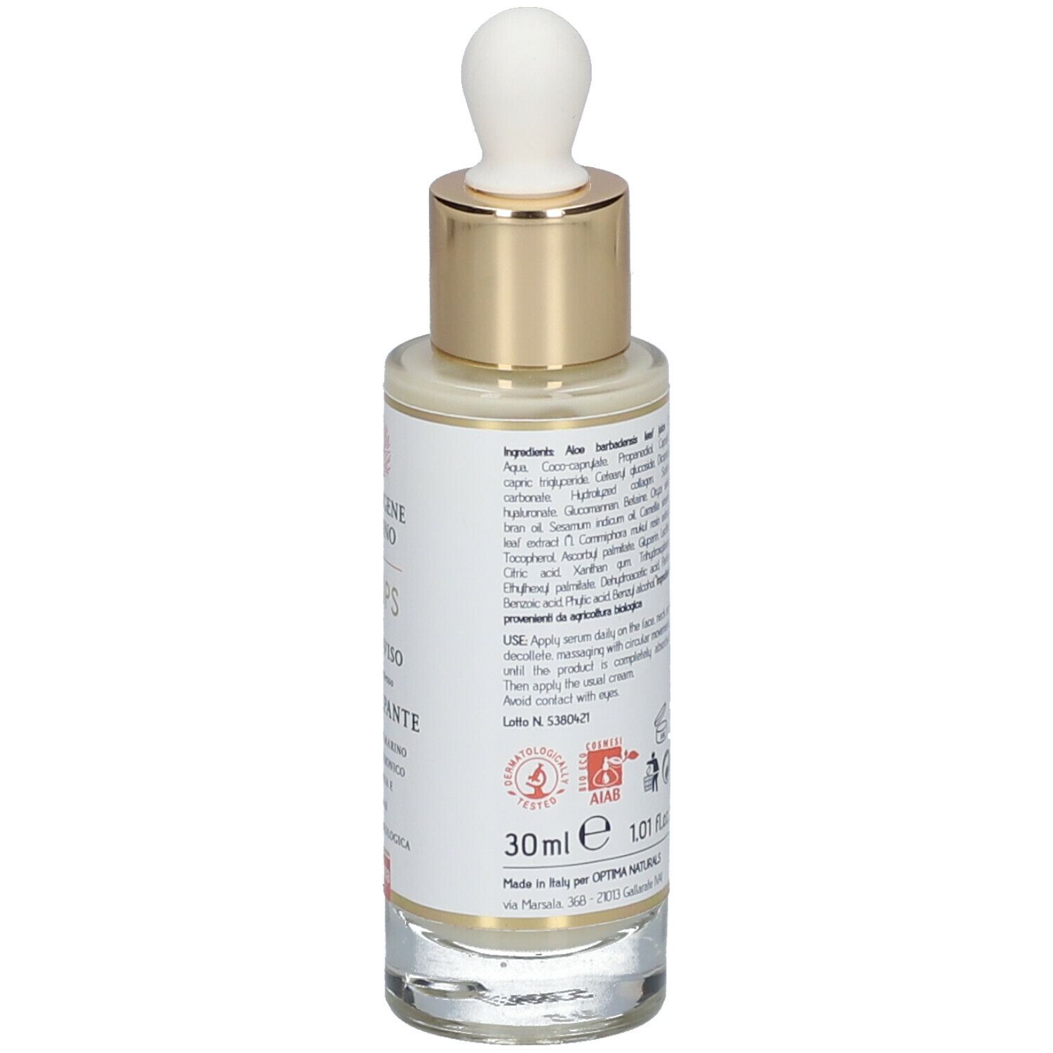 Flacone di siero con contagocce. Etichetta con ingredienti e indicazione del volume: 30 ml.