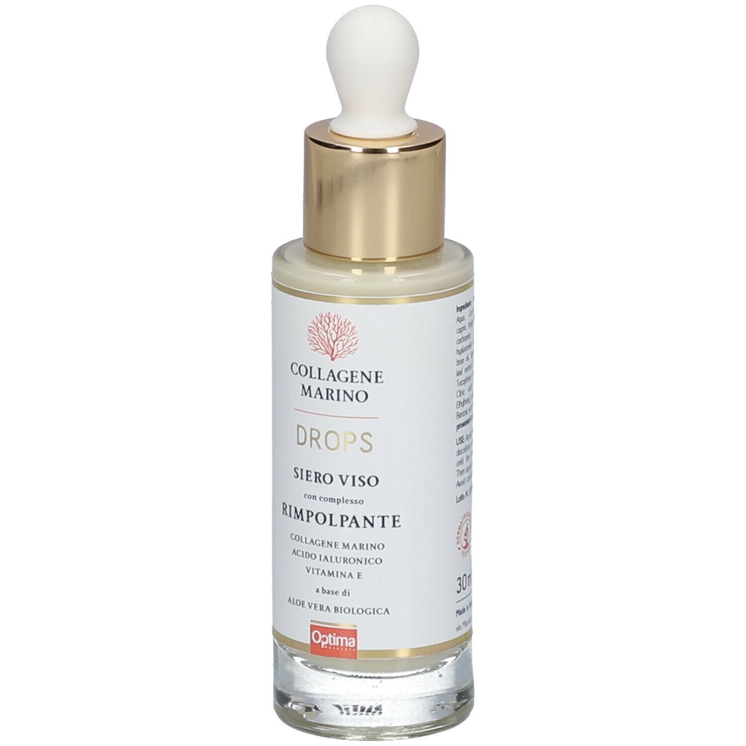Flacone di siero con contagocce. Etichetta con nome del prodotto, ingredienti e marchio Optima.