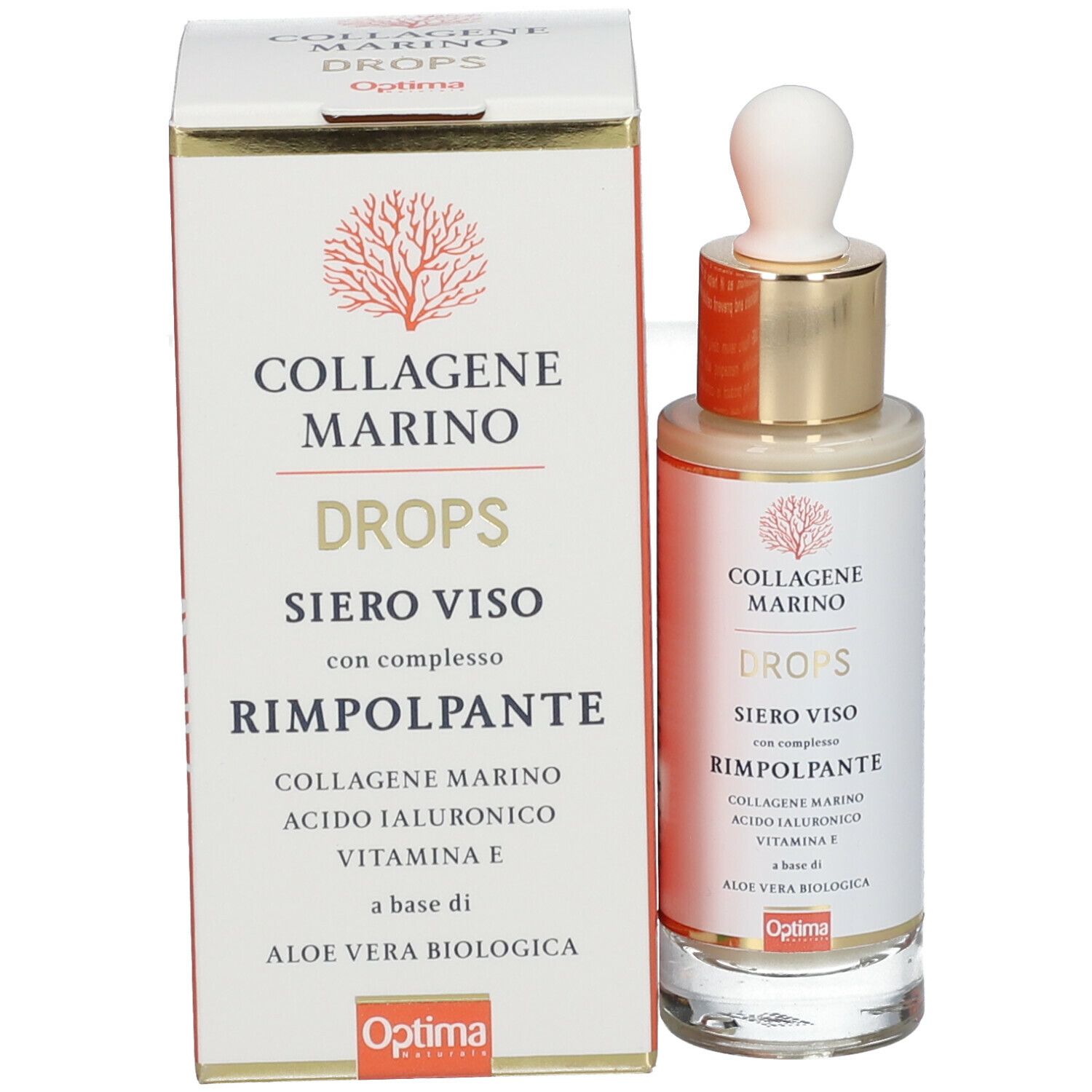 Flacone di siero e confezione. Confezione con nome del prodotto, marchio Optima e ingredienti.