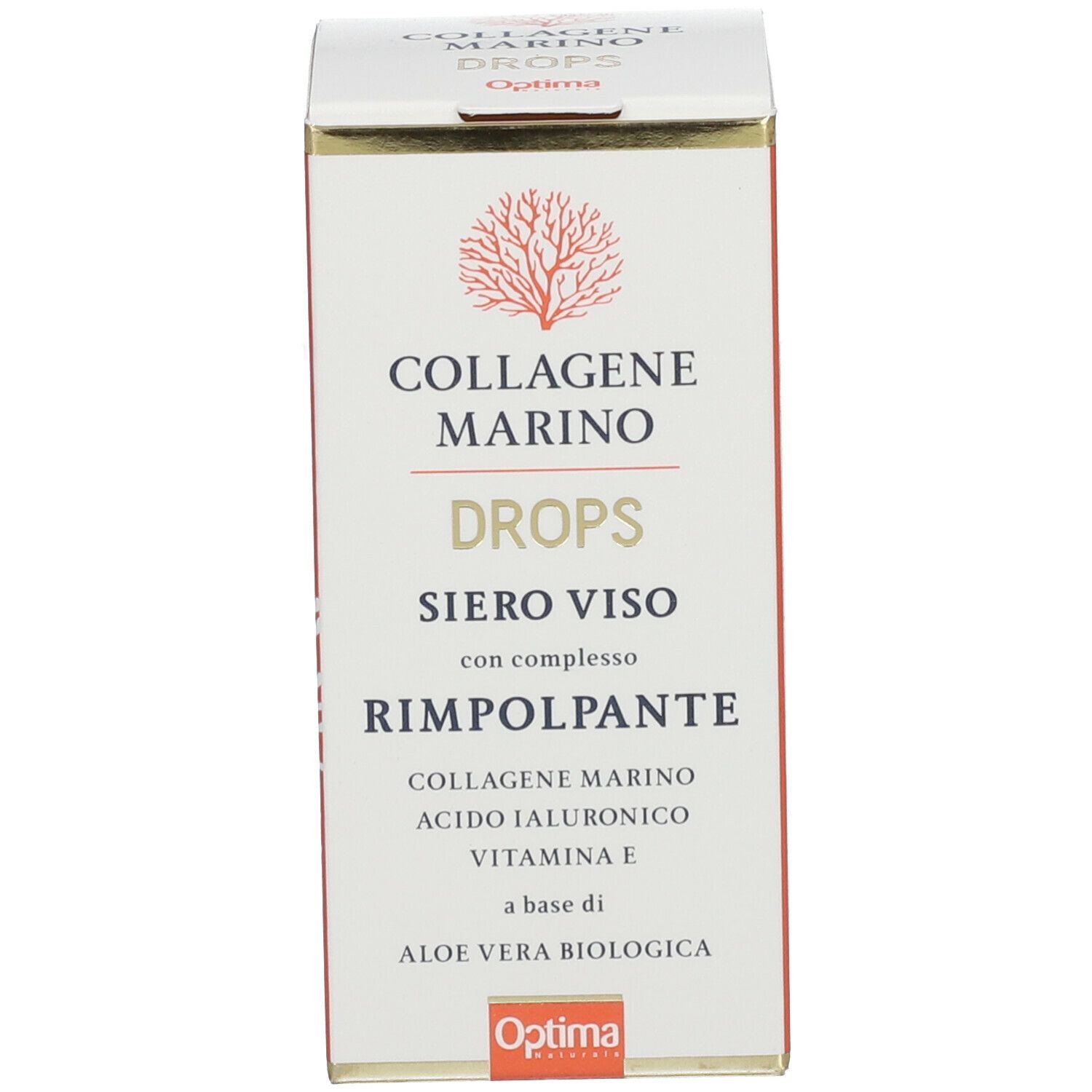 Confezione del prodotto. Scritta: Collagene Marino Drops, marchio Optima. Contiene informazioni sul prodotto.
