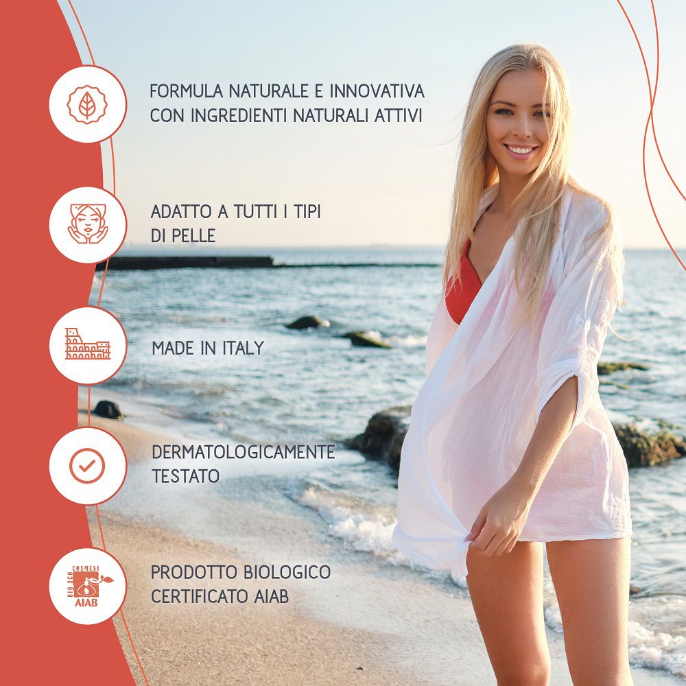 Frau am Strand mit Icons: Natürliche Formel, für alle Hauttypen, Made in Italy, Dermatologisch getestet, Bio-zertifiziert.