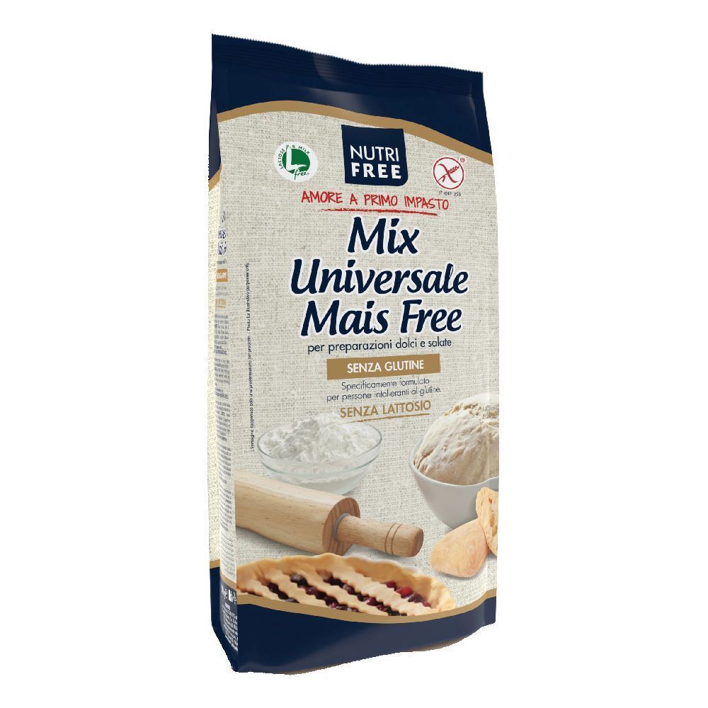Confezione di Nutrifree Mix Universale Mais Free. Scritta: Mix Universale Mais Free, senza glutine. Immagini di ingredienti per la panificazione.