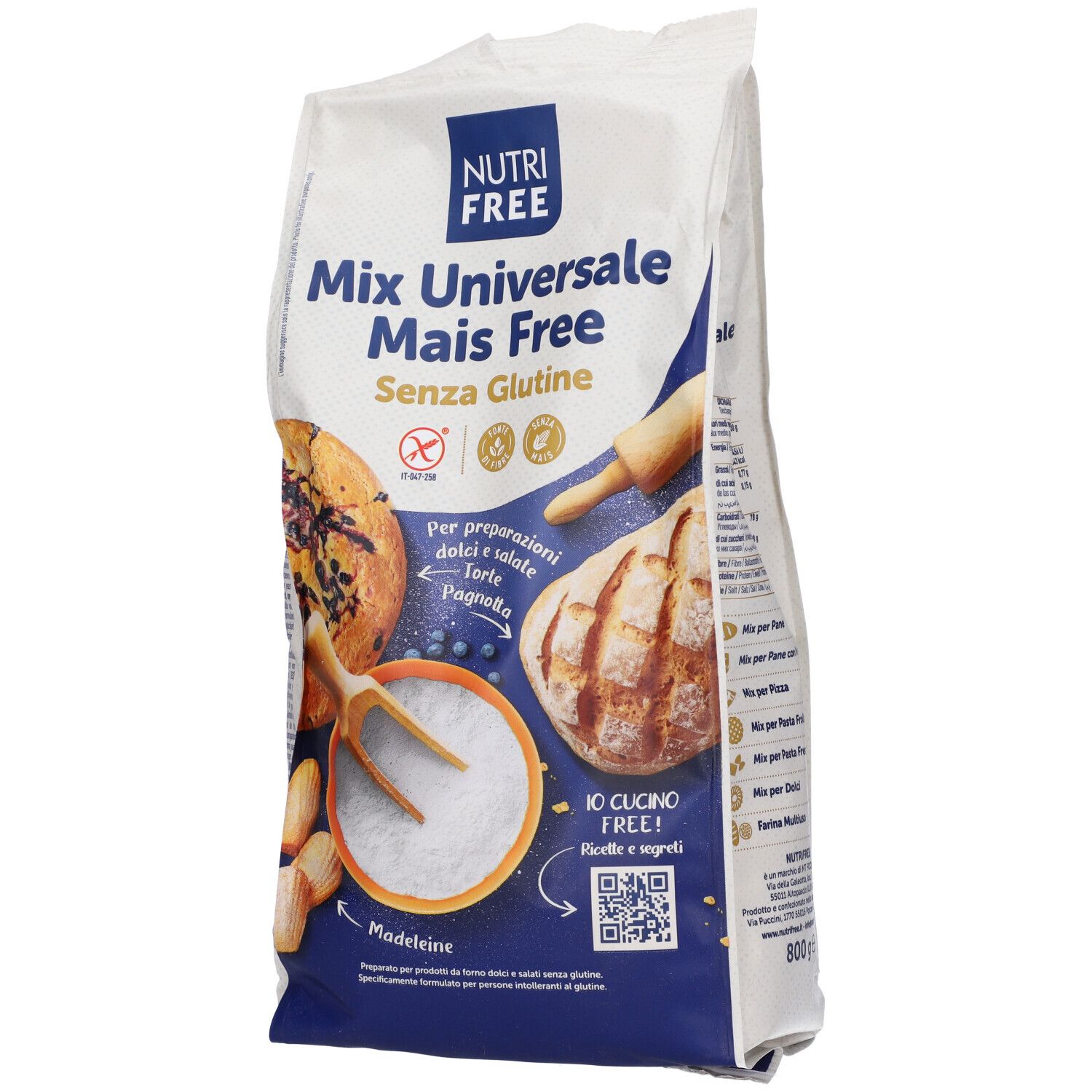 Confezione di Nutrifree Mix Universale Mais Free. Scritta: Mix Universale Mais Free, senza glutine. Immagini di prodotti da forno.