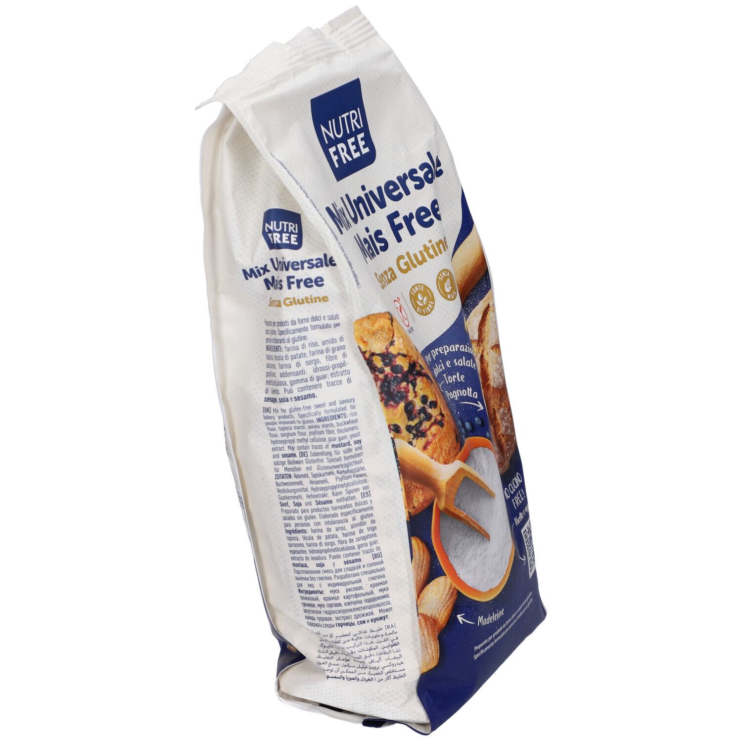 Confezione di Nutrifree Mix Universale Mais Free. Scritta: Mix Universale Mais Free, senza glutine. Vista laterale.