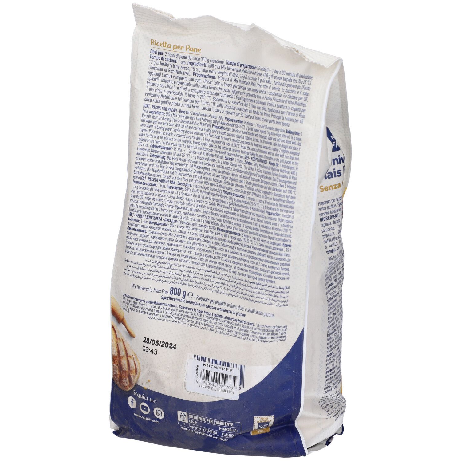 Retro della confezione Nutrifree Mix Universale Mais Free. Testo multilingue. Informazioni su ingredienti e valori nutrizionali.