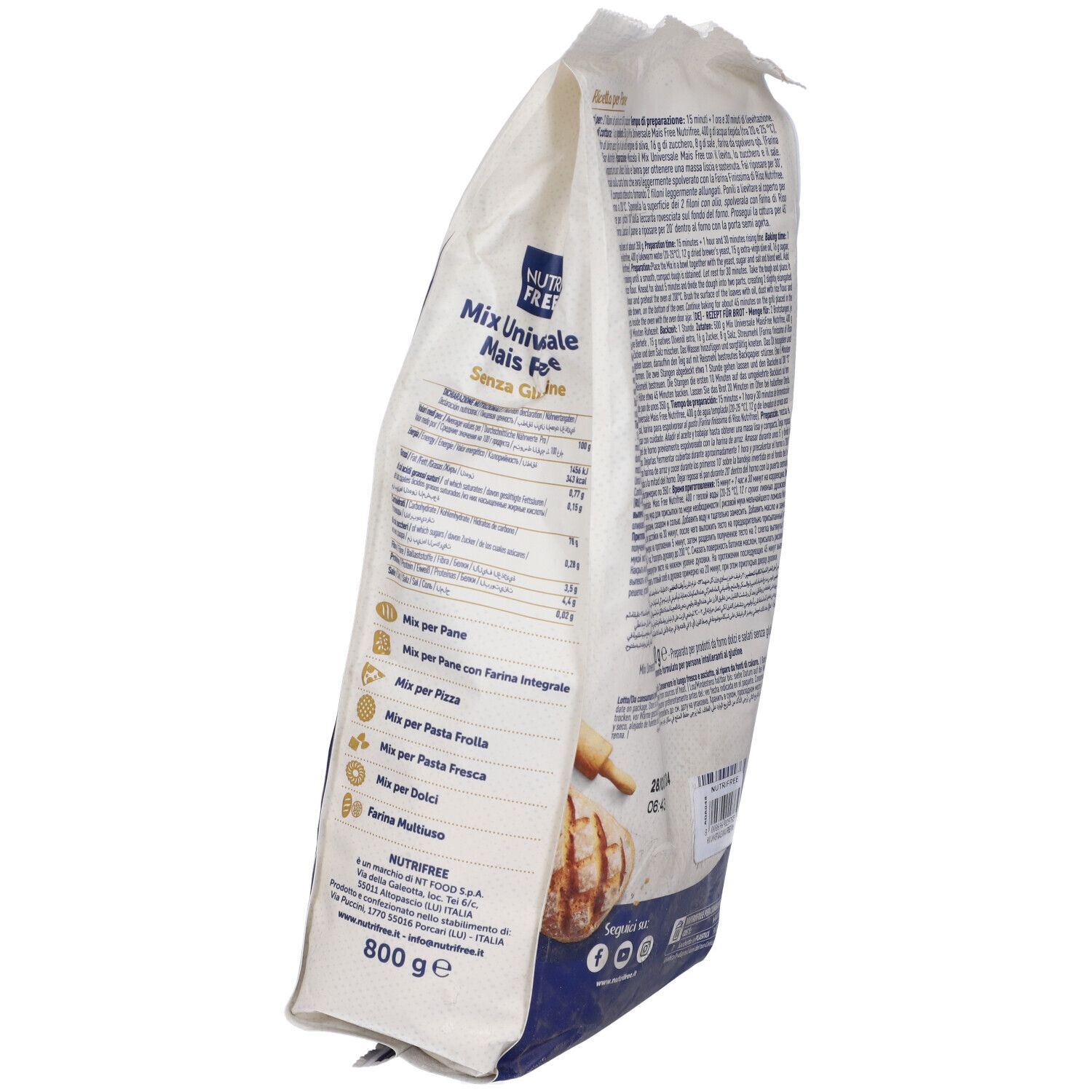 Vista obliqua della confezione Nutrifree Mix Universale Mais Free. Testo multilingue. Informazioni su ingredienti e valori nutrizionali.