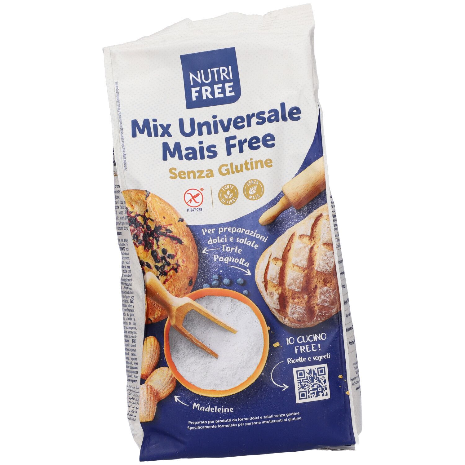 Confezione di Nutrifree Mix Universale Mais Free. Scritta: Mix Universale Mais Free, senza glutine. Immagini di prodotti da forno.