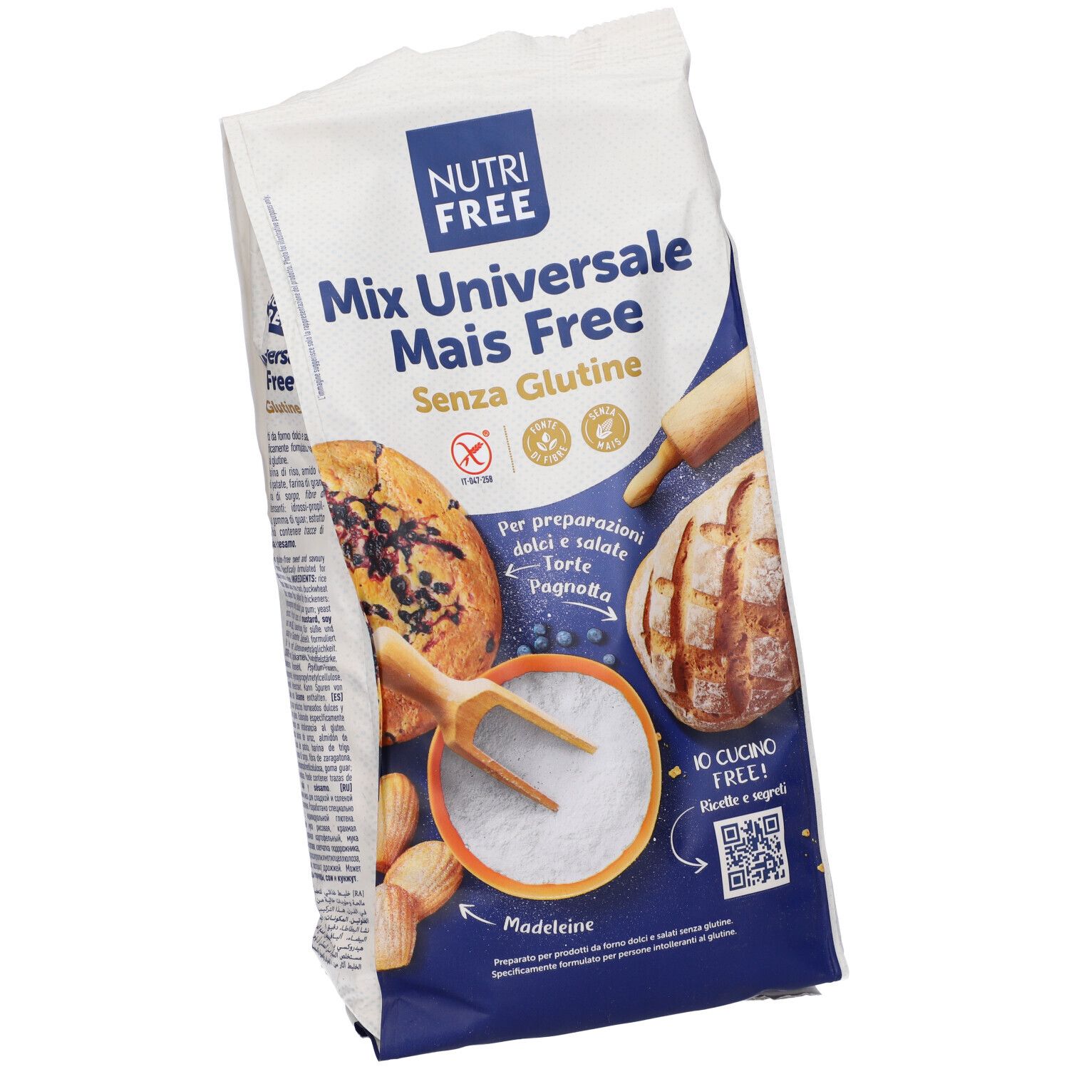 Confezione di Nutrifree Mix Universale Mais Free. Scritta: Mix Universale Mais Free, senza glutine. Immagini di prodotti da forno.