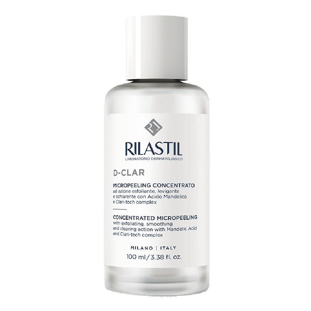 RILASTIL D-Clar Concentrato Micropeeling. Flacone bianco con tappo bianco. Etichetta con testo.