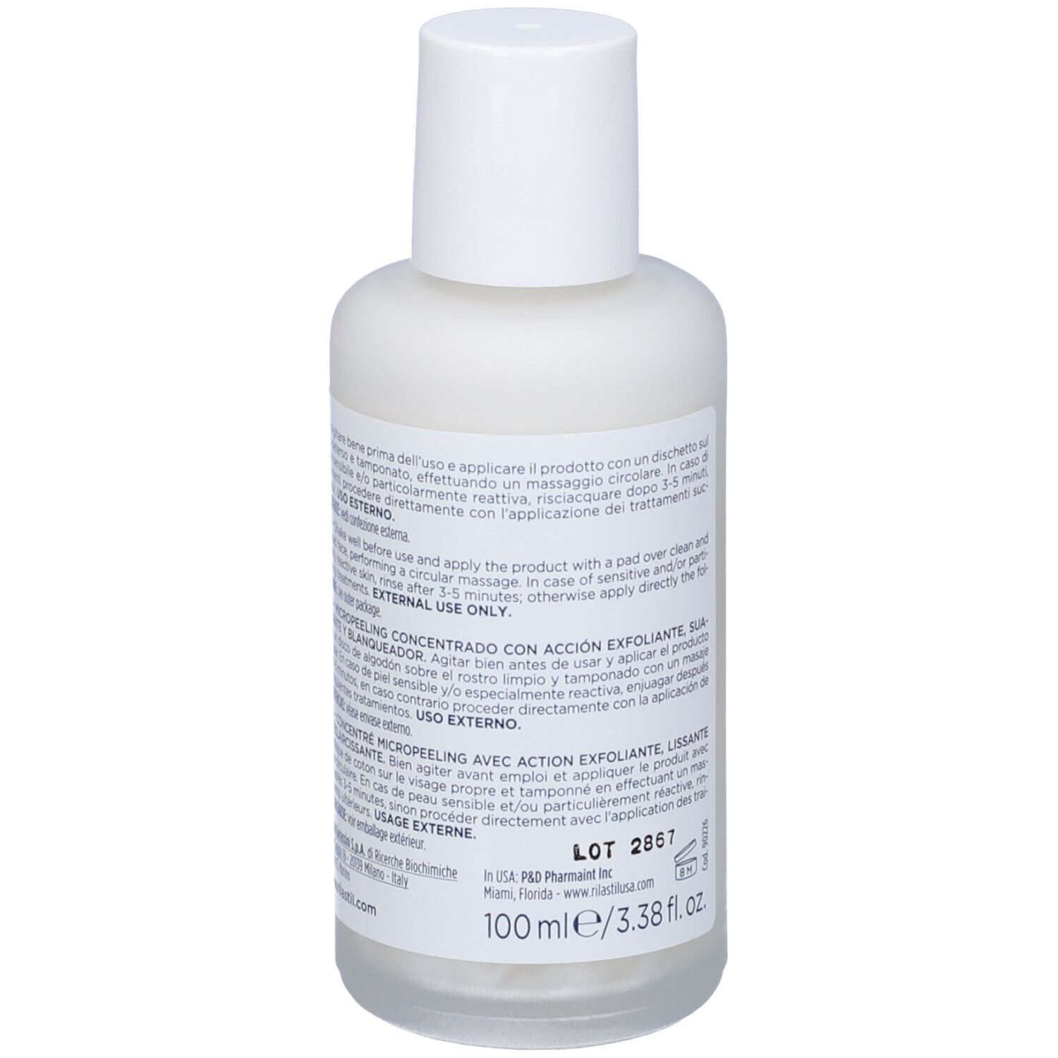 RILASTIL D-Clar Concentrato Micropeeling. Flacone bianco con tappo bianco. Etichetta con testo.
