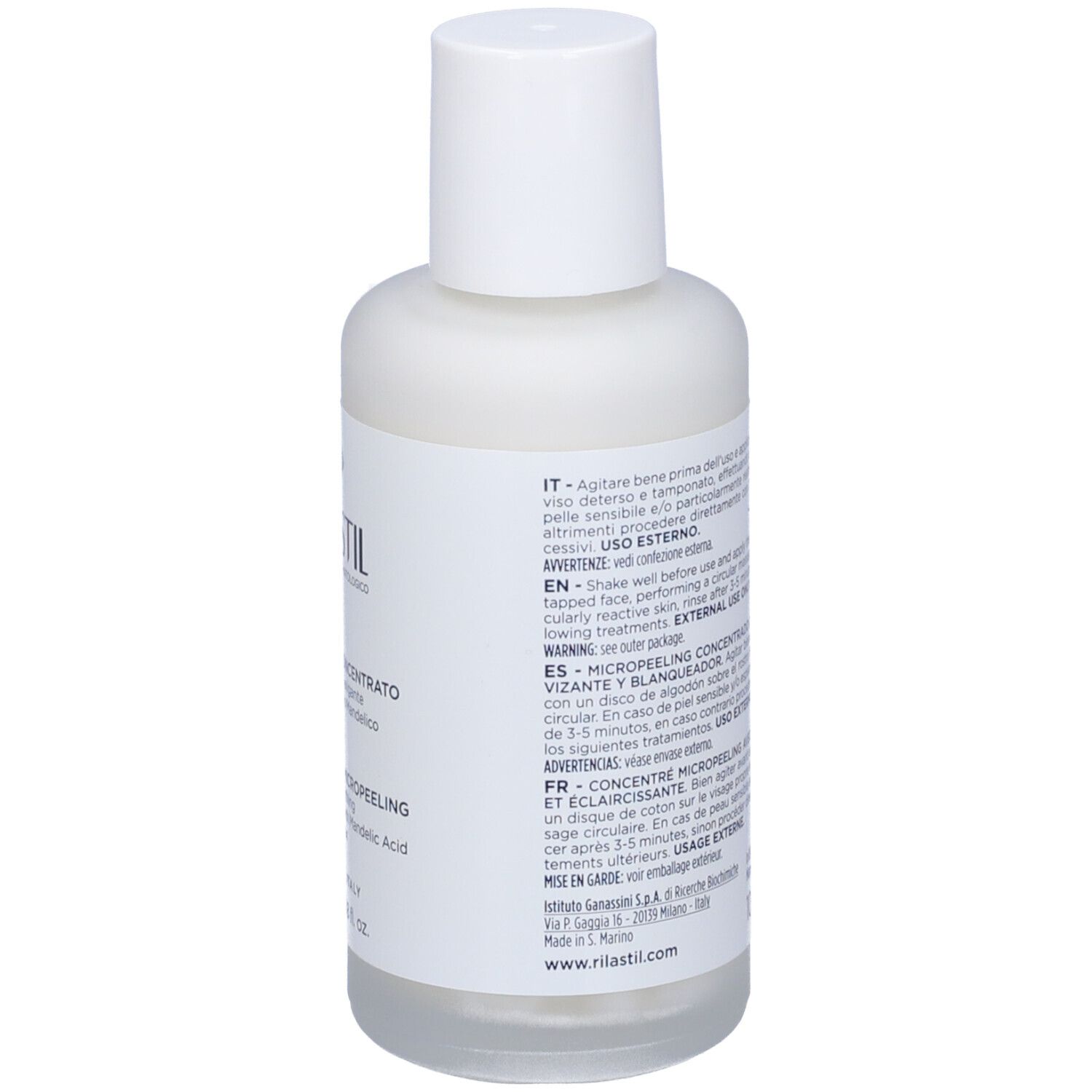 RILASTIL D-Clar Concentrato Micropeeling. Flacone bianco con tappo bianco. Etichetta con testo.