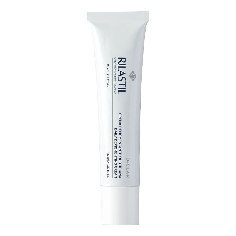 Tubo bianco Rilastil D-Clar. Crema depigmentante quotidiana, 40 ml.
